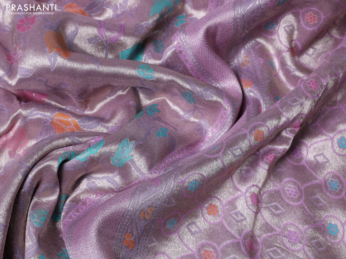 Banarasi tissue silk saree lavender with allover thread woven floral weaves and silver zari woven border - Image 3