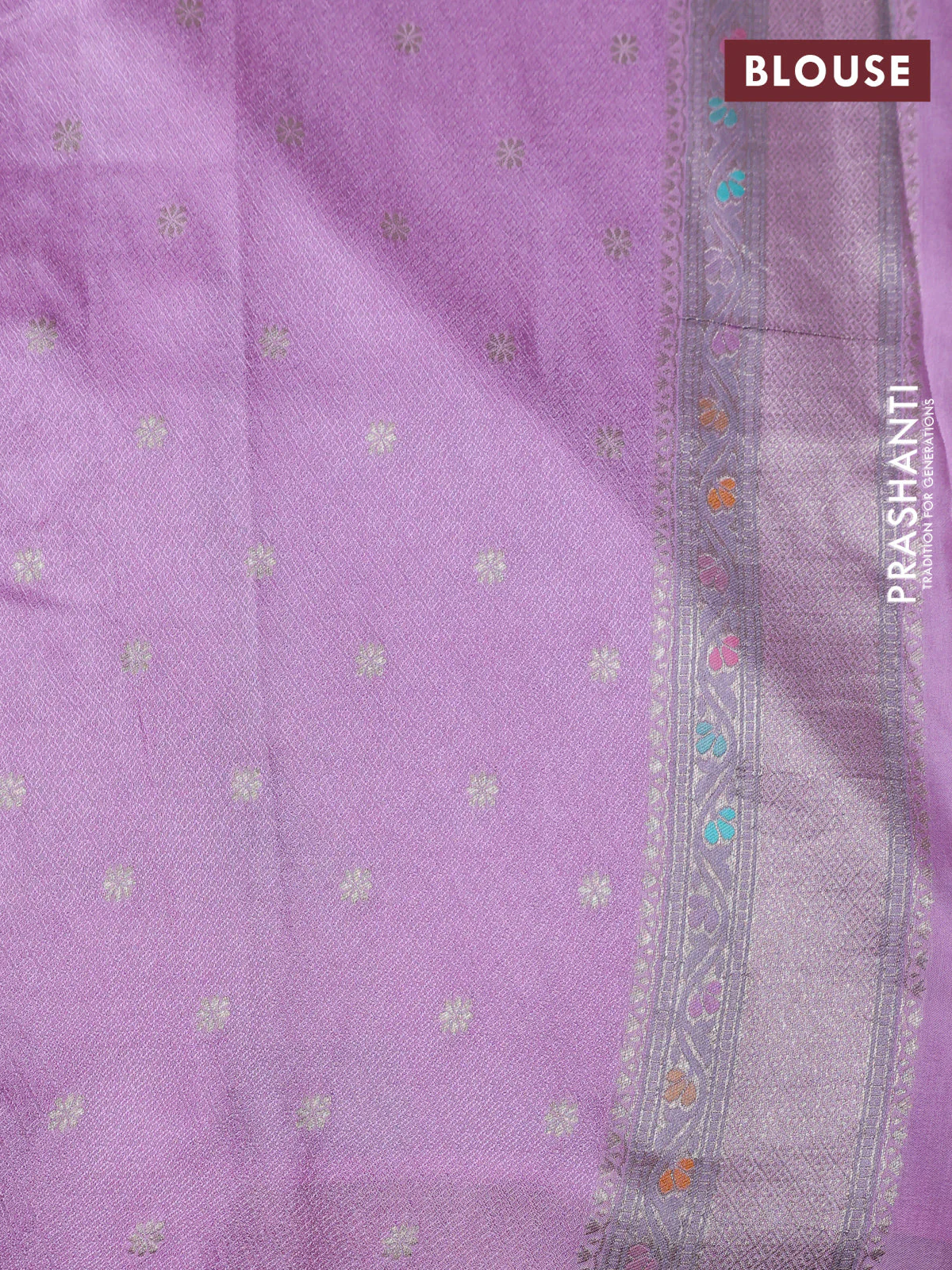 Banarasi tissue silk saree lavender with allover thread woven floral weaves and silver zari woven border - Image 4