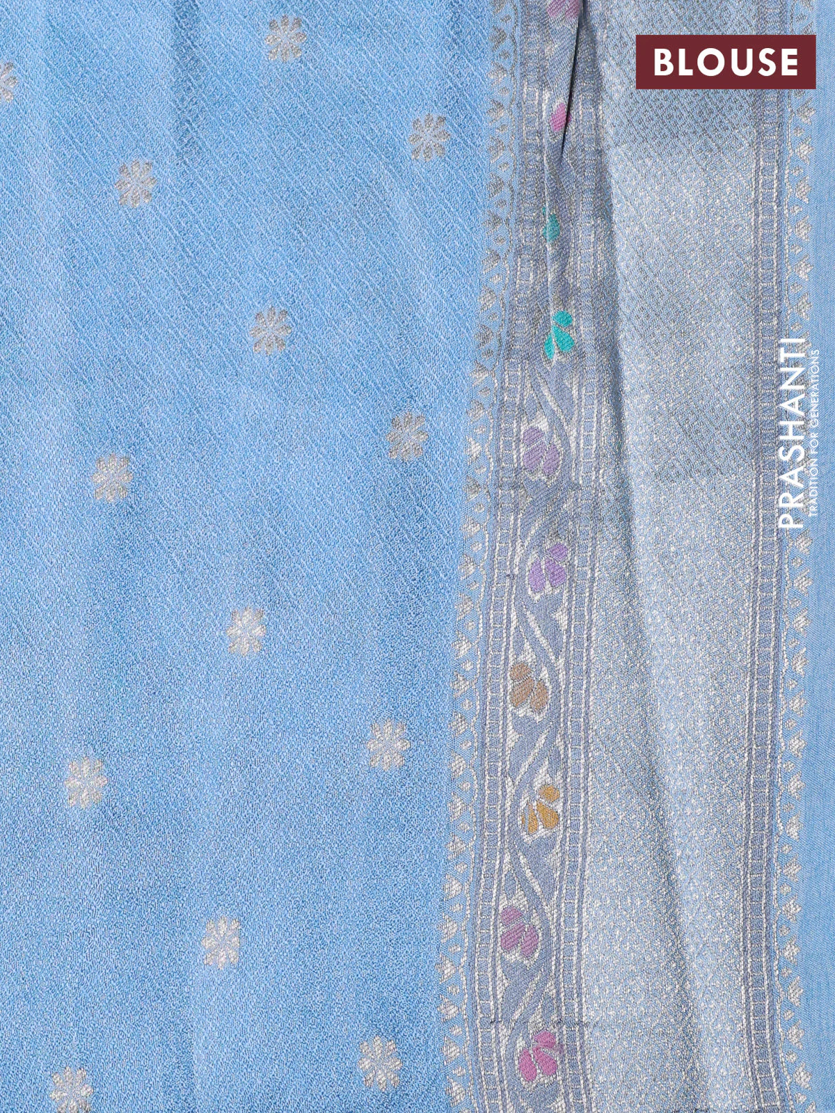 Banarasi tissue silk saree light blue with allover thread woven floral weaves and silver zari woven border - Image 4