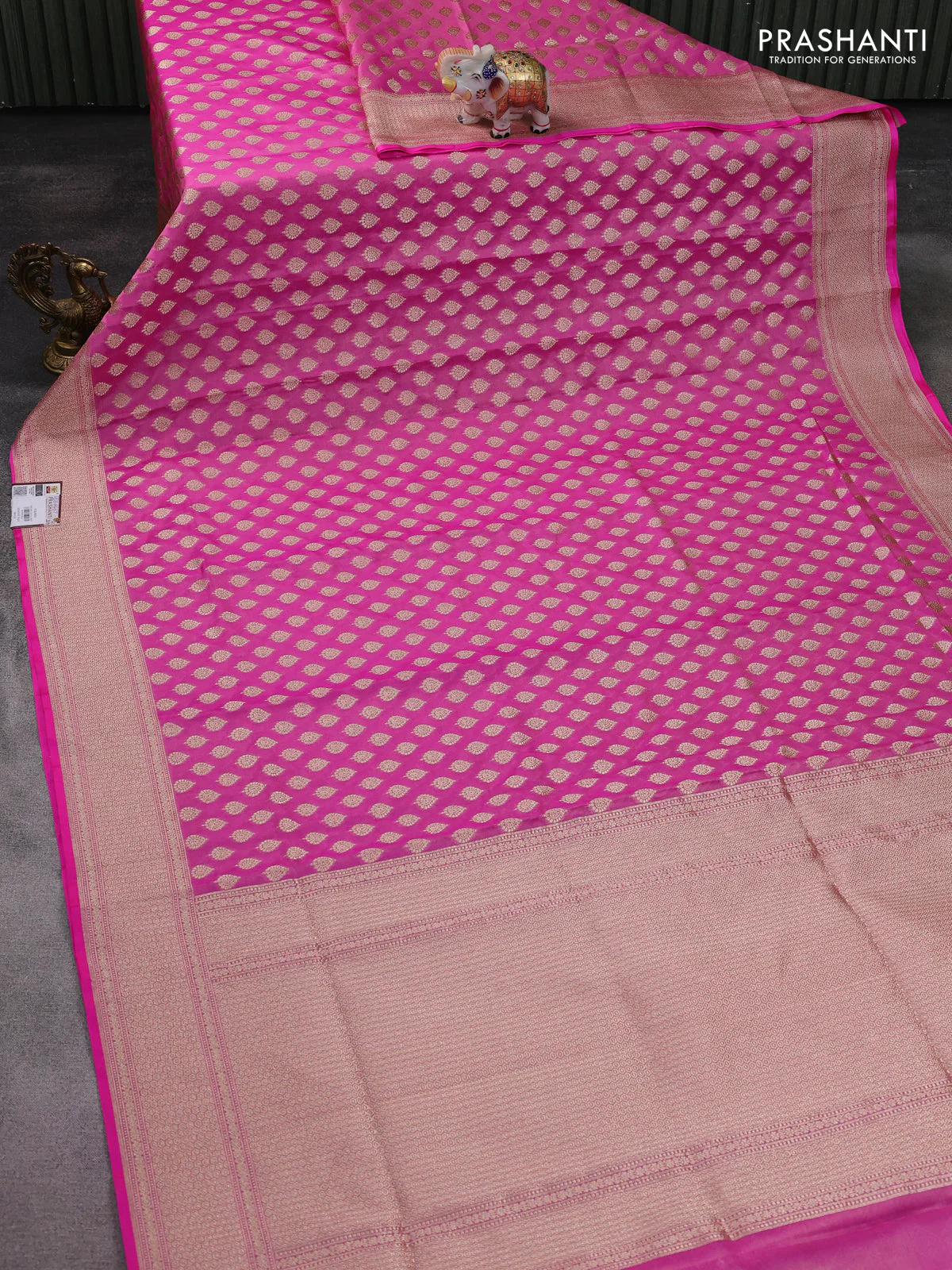 Banarasi tissue silk saree light pink with allover zari woven buttas and zari woven border - Image 2