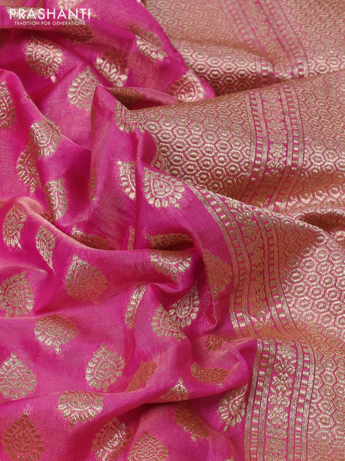 Banarasi tissue silk saree light pink with allover zari woven buttas and zari woven border - Image 3