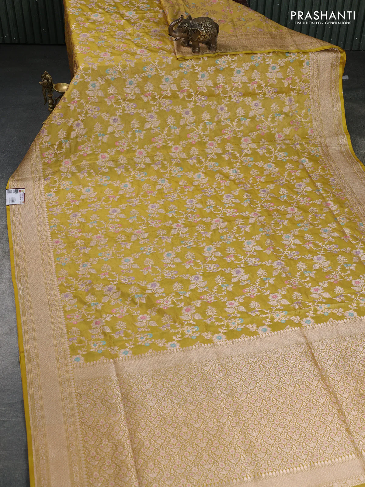 Banarasi tissue silk saree lime yellow with allover zari woven brocade weaves and zari woven border - Image 2
