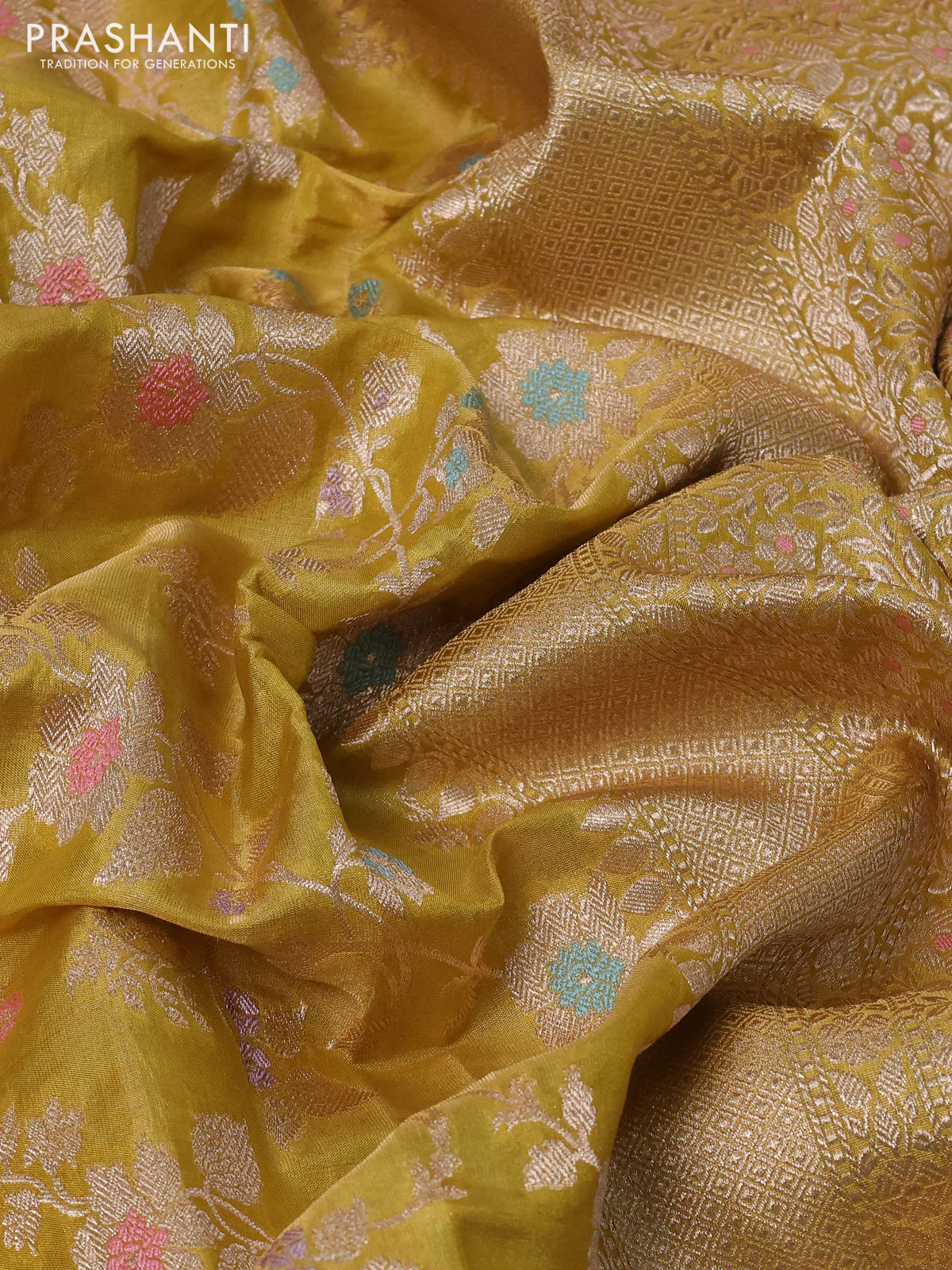 Banarasi tissue silk saree lime yellow with allover zari woven brocade weaves and zari woven border - Image 3
