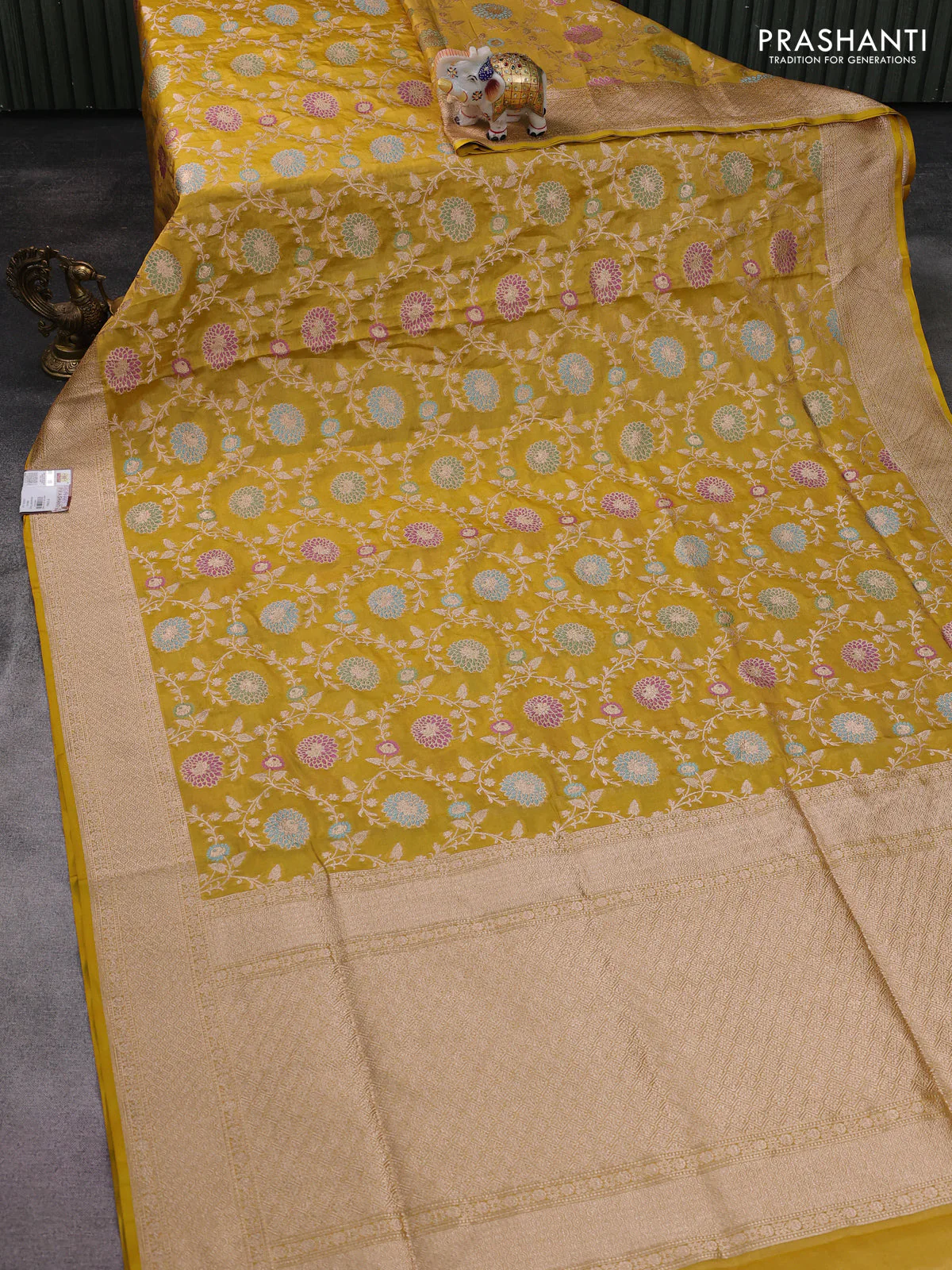 Banarasi tissue silk saree lime yellow with allover zari woven brocade weaves and zari woven border - Image 2
