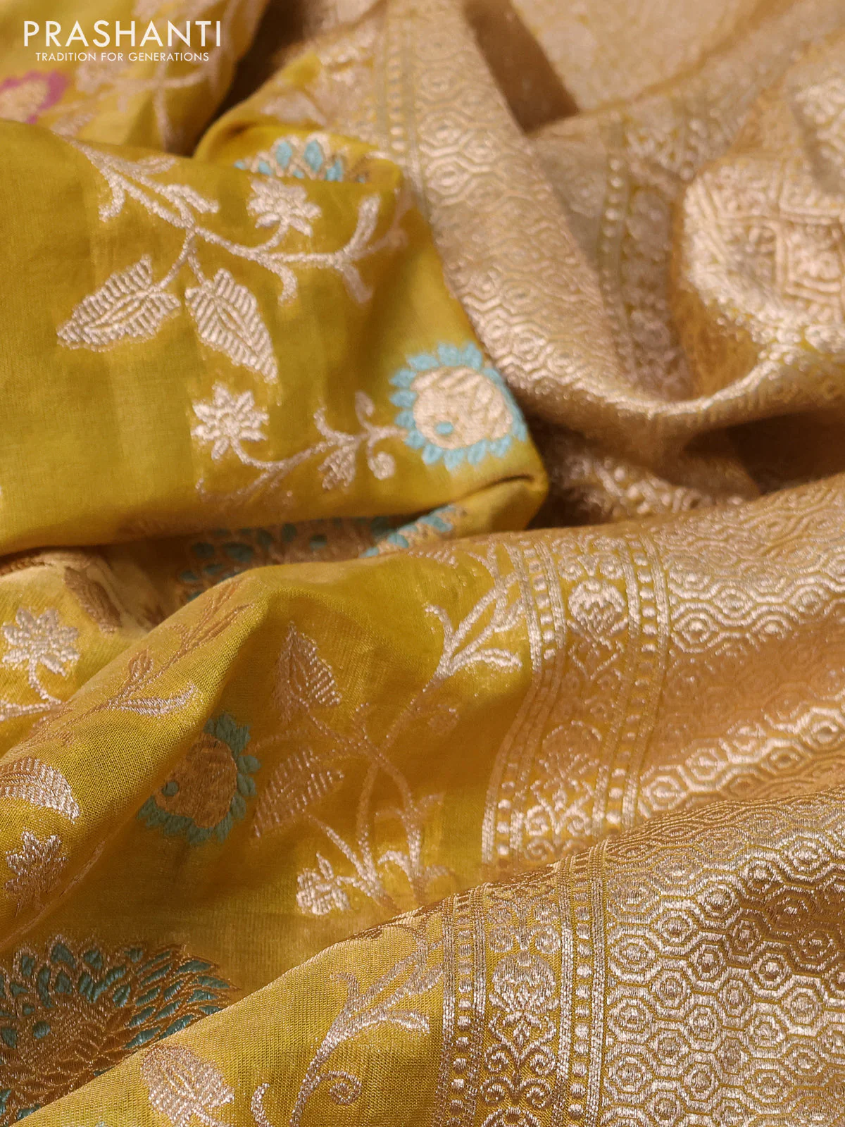 Banarasi tissue silk saree lime yellow with allover zari woven brocade weaves and zari woven border - Image 3