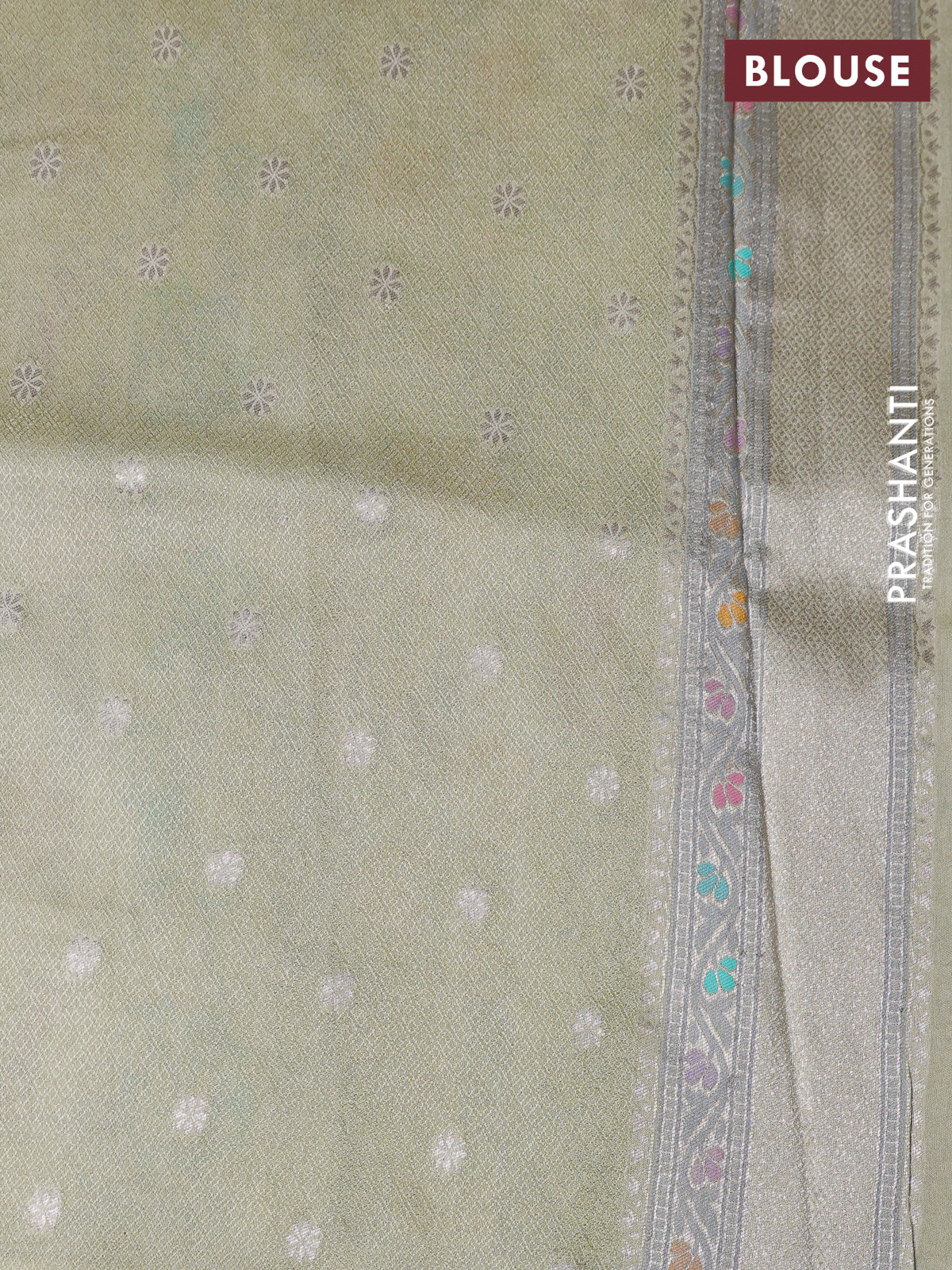 Banarasi tissue silk saree mild pista green with allover thread woven floral weaves and silver zari woven border - Image 4