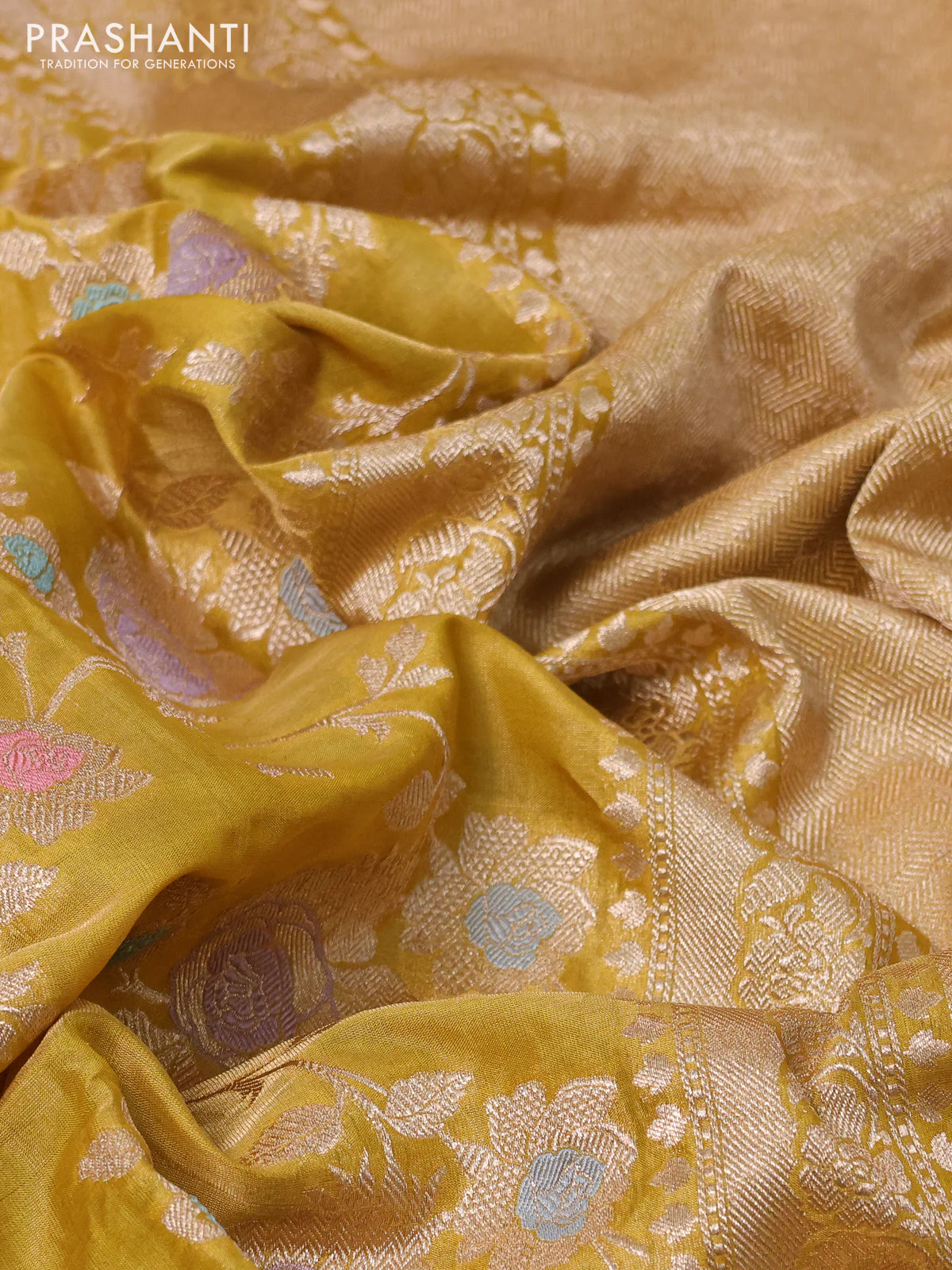 Banarasi tissue silk saree mustard yellow with allover floral zari woven brocade weaves and zari woven border - Image 3