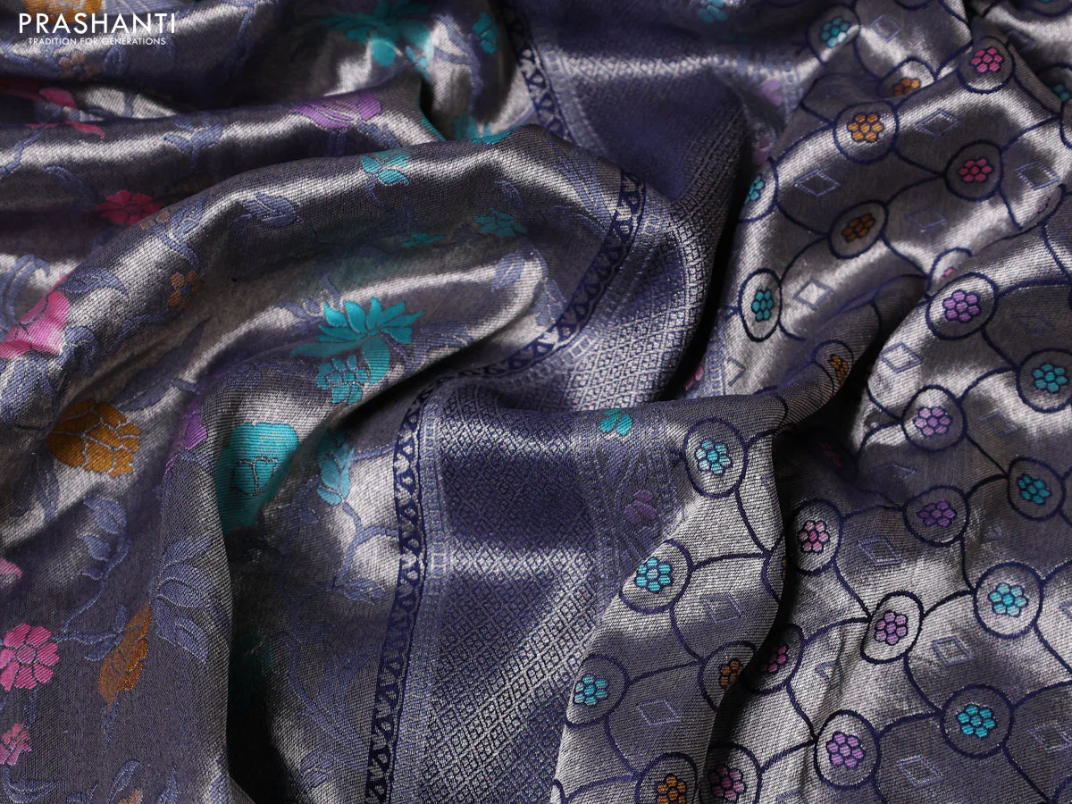 Banarasi tissue silk saree navy blue with allover thread woven floral weaves and silver zari woven border - Image 3