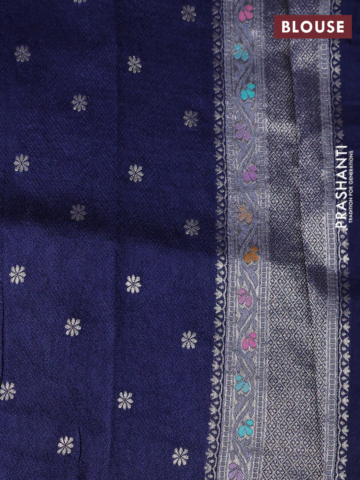 Banarasi tissue silk saree navy blue with allover thread woven floral weaves and silver zari woven border - Image 4
