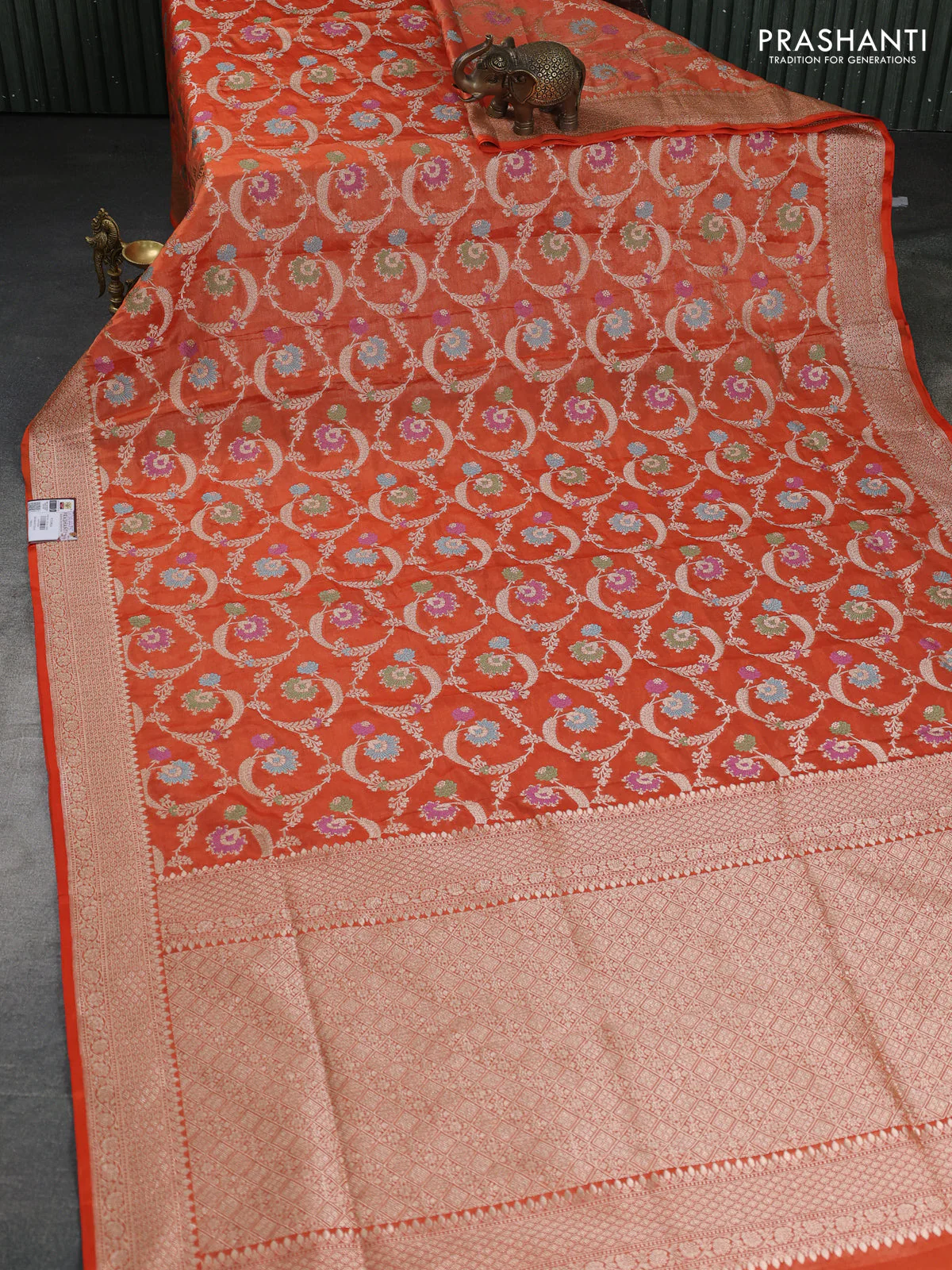 Banarasi tissue silk saree orange with allover zari woven brocade weaves and zari woven border - Image 2