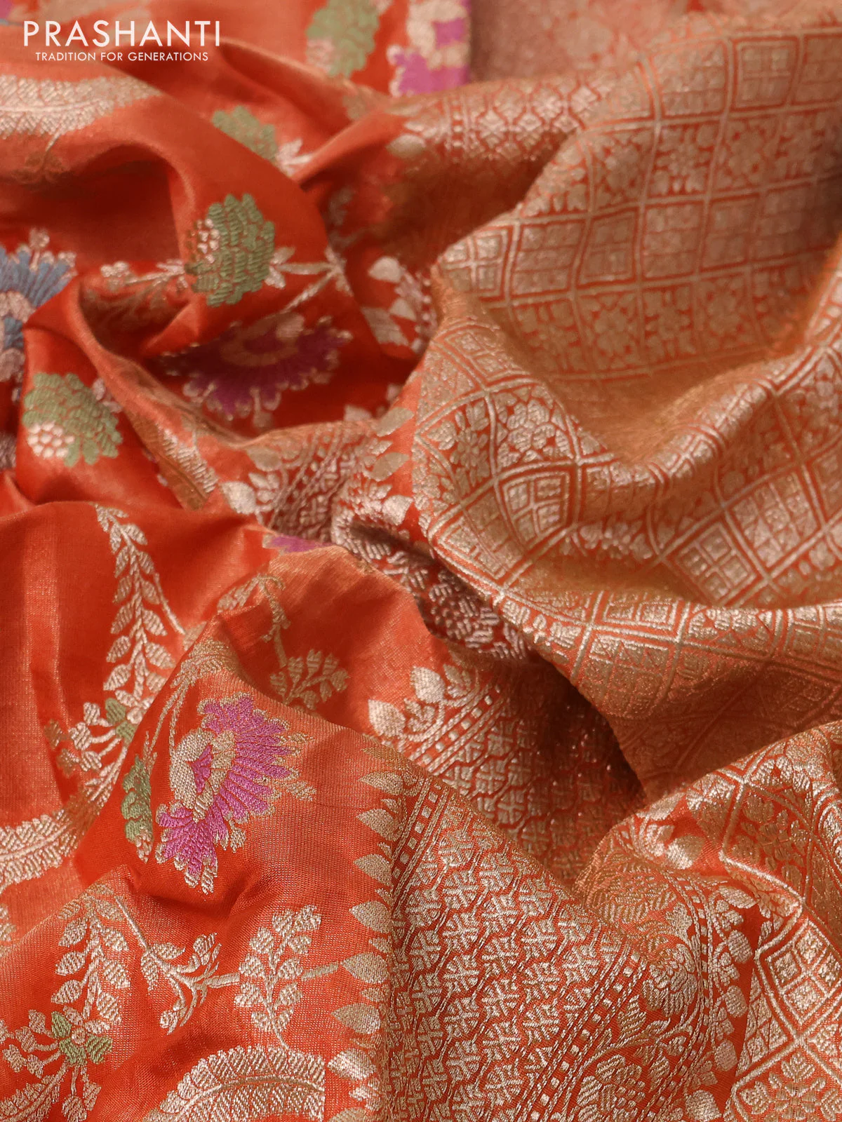 Banarasi tissue silk saree orange with allover zari woven brocade weaves and zari woven border - Image 3