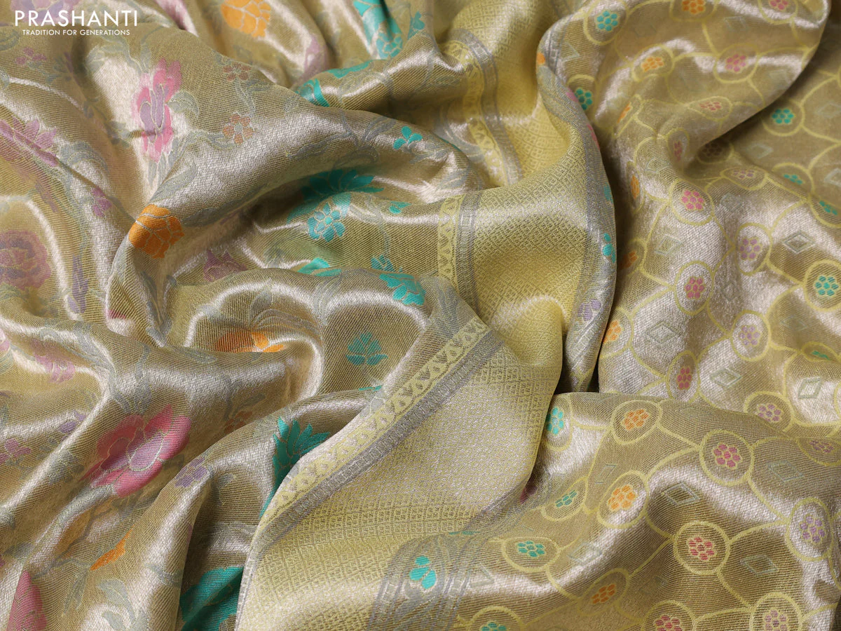 Banarasi tissue silk saree pale yellow with allover thread woven floral weaves and silver zari woven border - Image 3