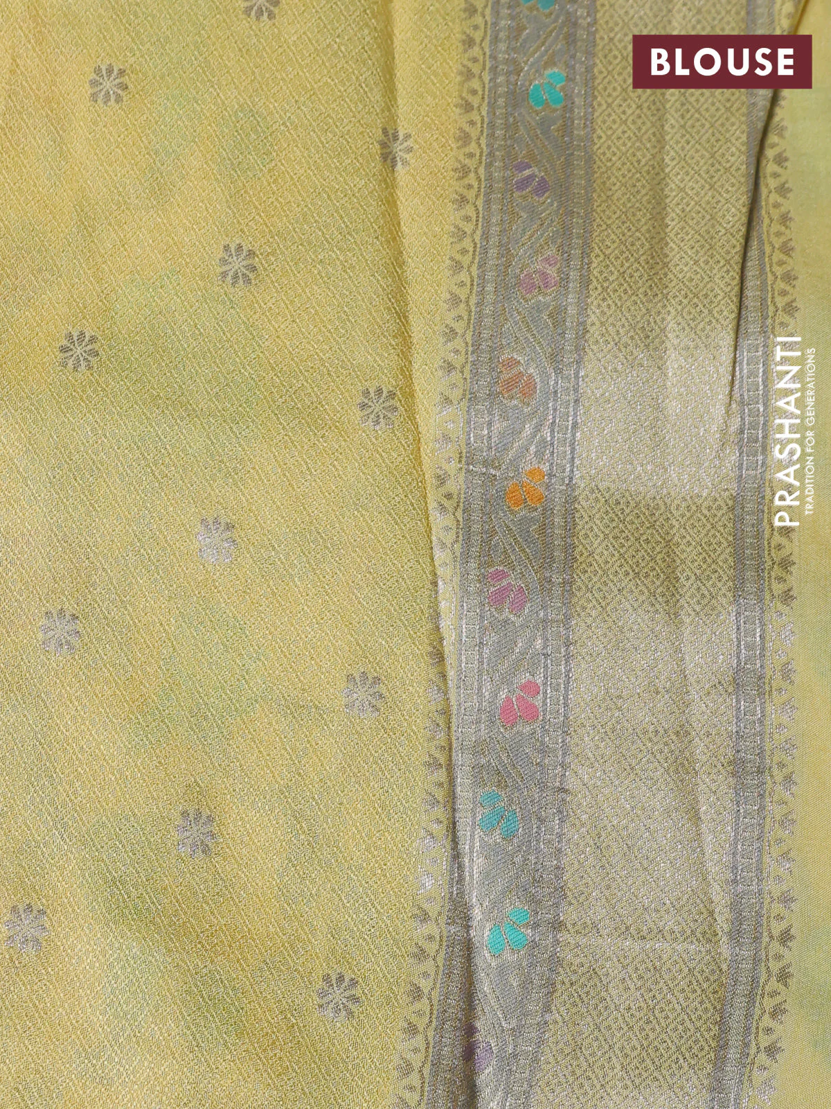 Banarasi tissue silk saree pale yellow with allover thread woven floral weaves and silver zari woven border - Image 4