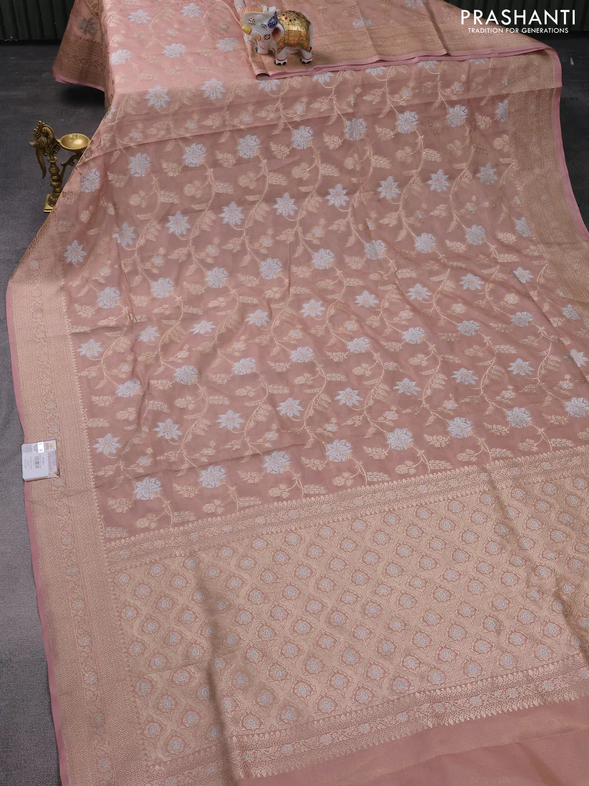Banarasi tissue silk saree pastel peach with allover thread & zari woven floral weaves and zari woven border - Image 2