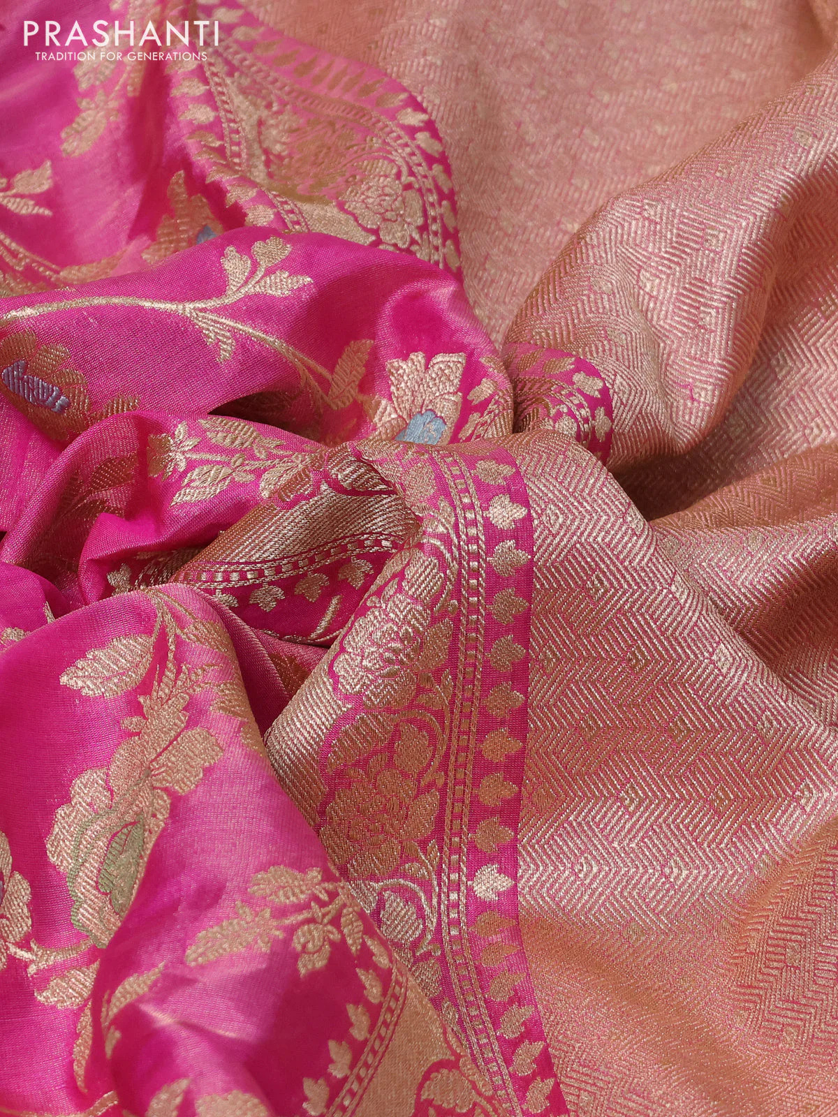 Banarasi tissue silk saree pink with allover floral zari woven brocade weaves and zari woven border - Image 3