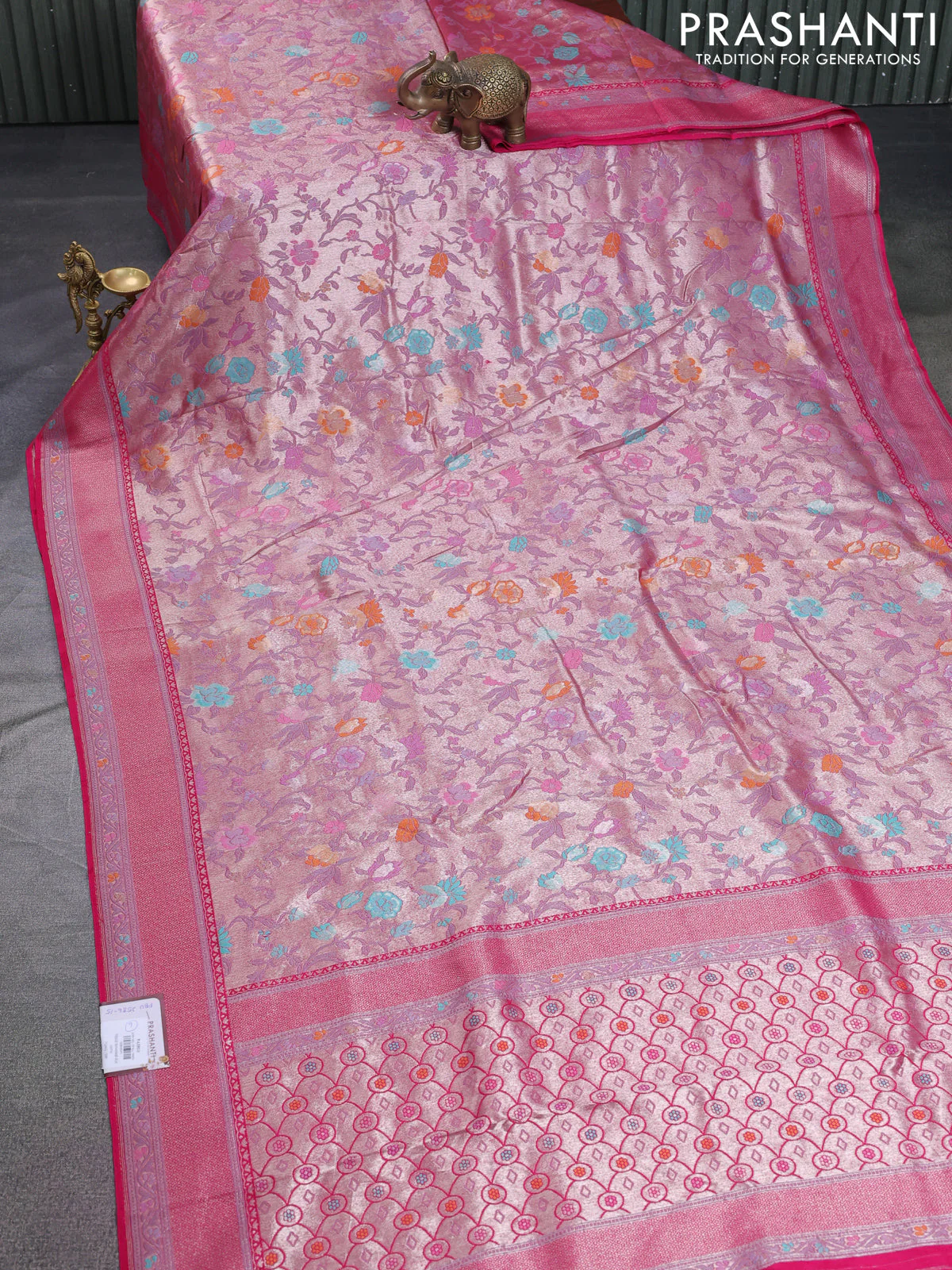Banarasi tissue silk saree pink with allover thread woven floral weaves and silver zari woven border - Image 2