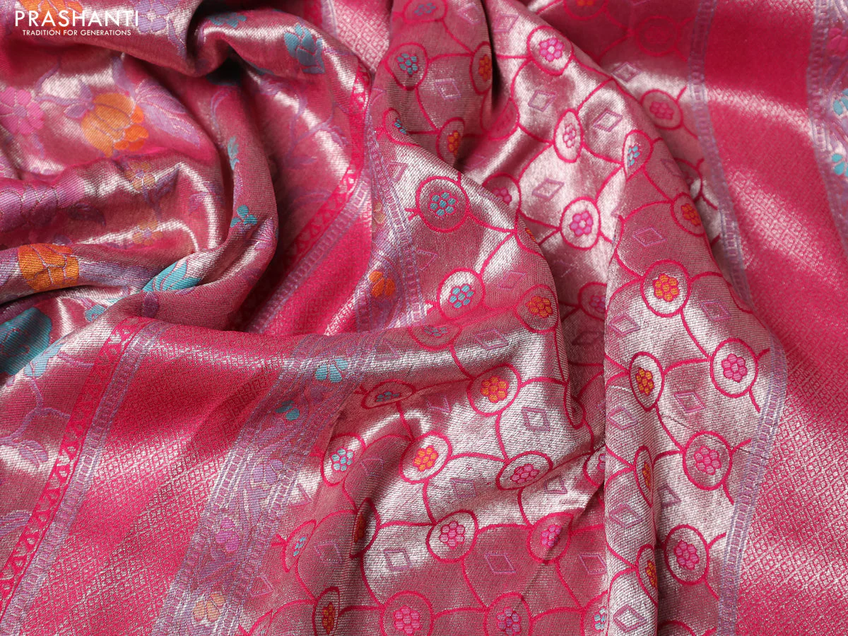 Banarasi tissue silk saree pink with allover thread woven floral weaves and silver zari woven border - Image 3