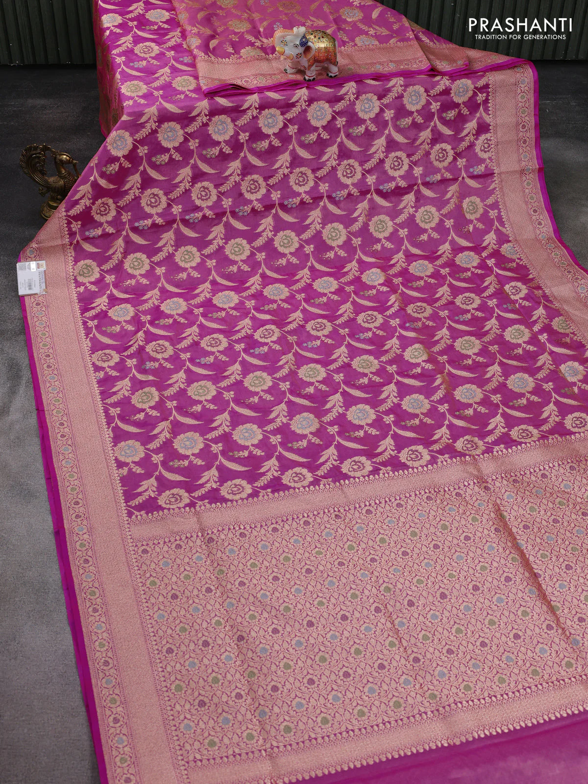 Banarasi tissue silk saree pink with allover zari woven brocade weaves and zari woven border - Image 2