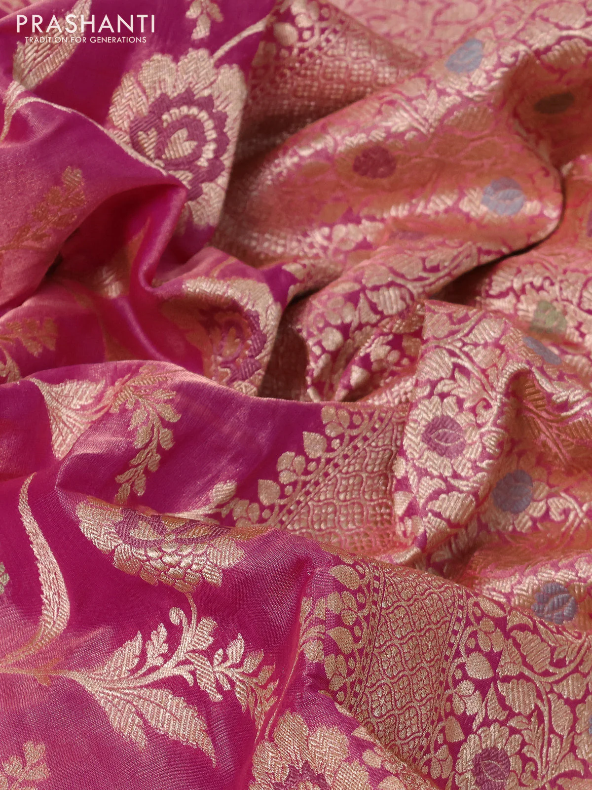 Banarasi tissue silk saree pink with allover zari woven brocade weaves and zari woven border - Image 3