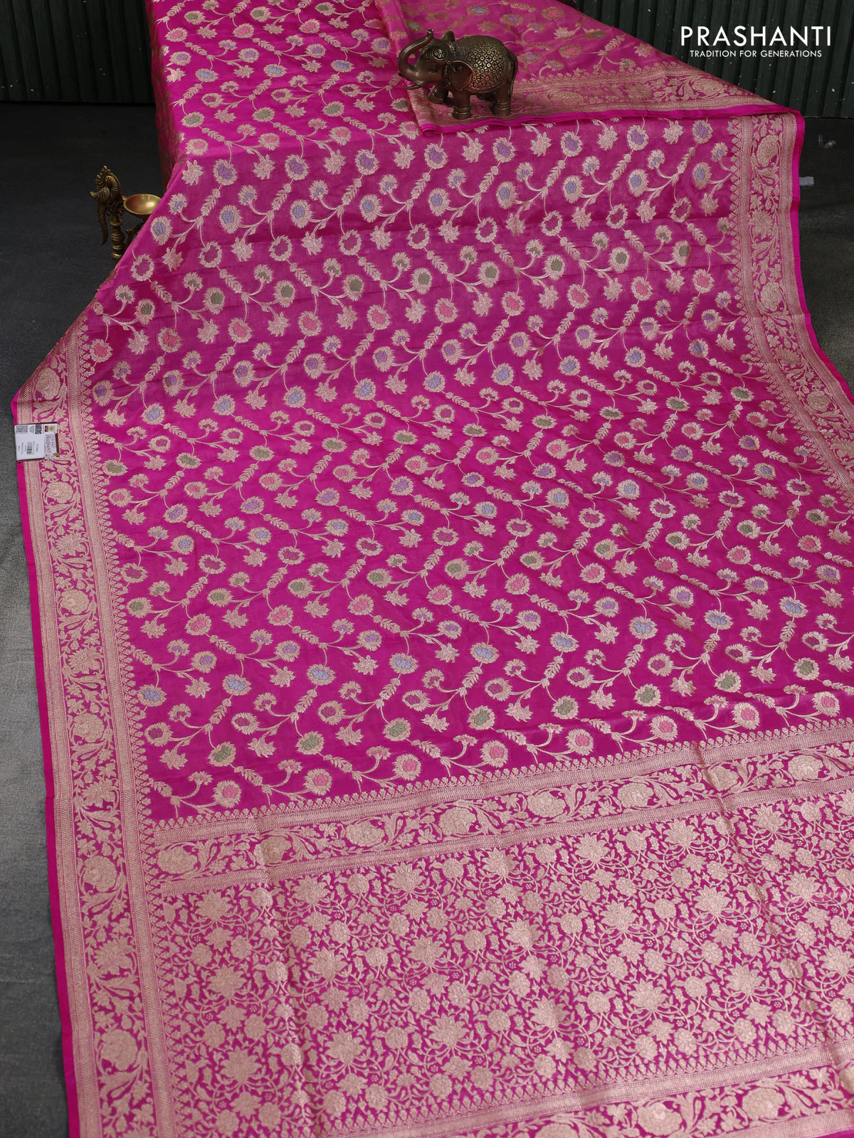 Banarasi tissue silk saree pink with allover zari woven brocade weaves and zari woven border - Image 2