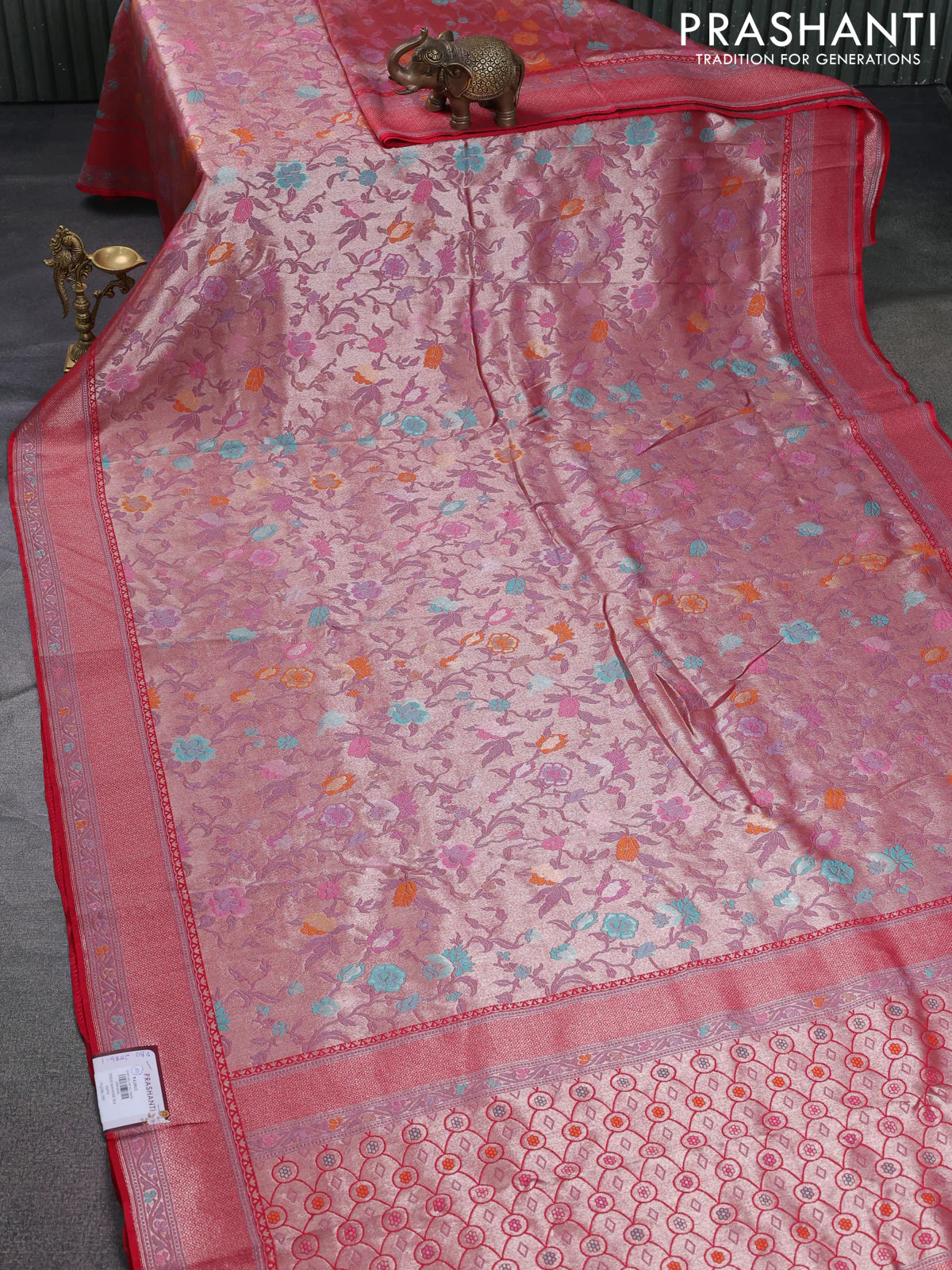 Banarasi tissue silk saree red with allover thread woven floral weaves and silver zari woven border - Image 2