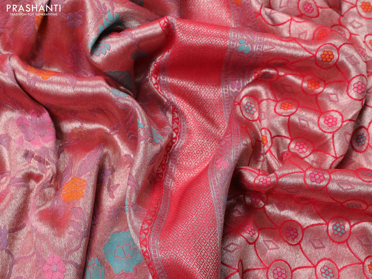 Banarasi tissue silk saree red with allover thread woven floral weaves and silver zari woven border - Image 3