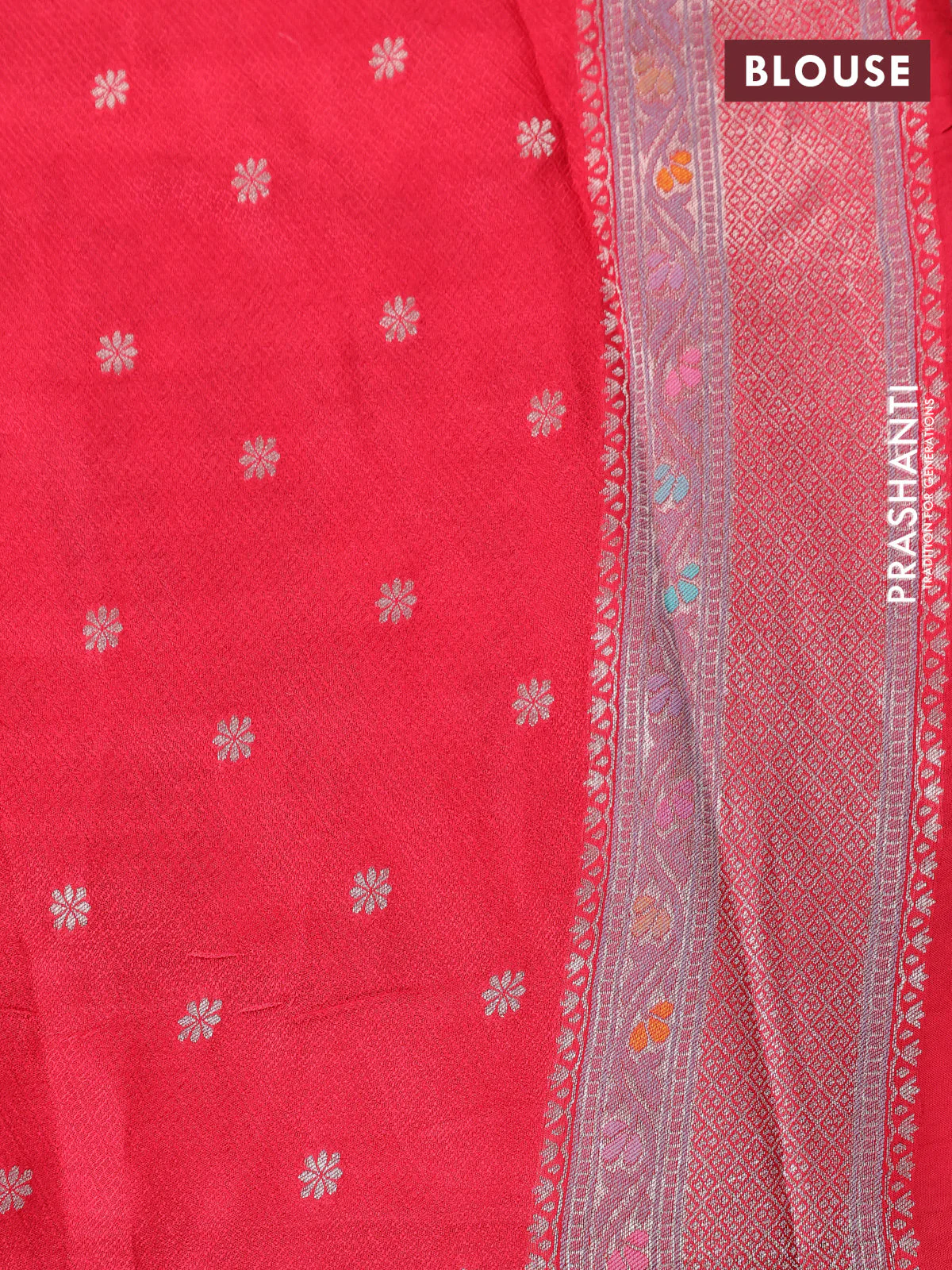 Banarasi tissue silk saree red with allover thread woven floral weaves and silver zari woven border - Image 4
