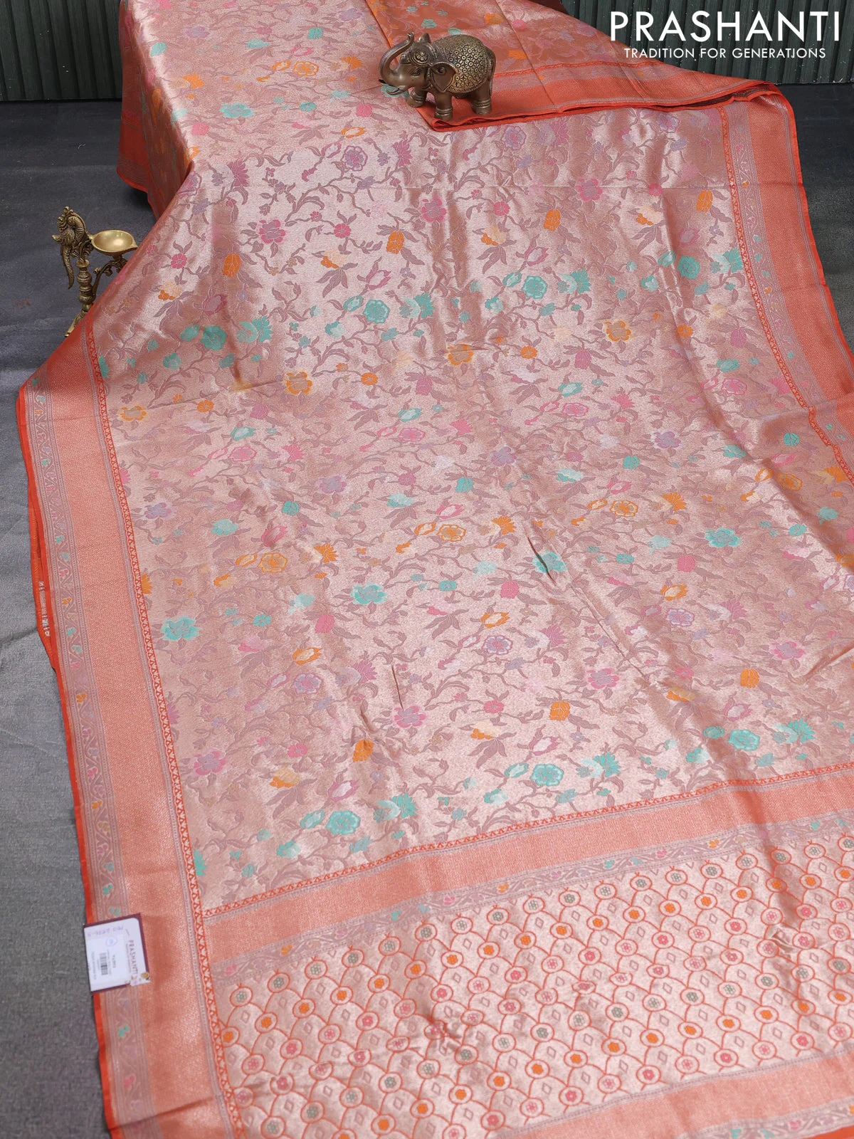 Banarasi tissue silk saree rustic orange with allover thread woven floral weaves and silver zari woven border - Image 2
