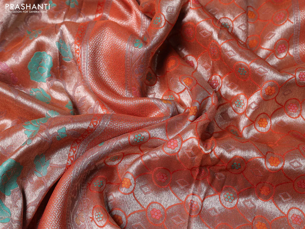 Banarasi tissue silk saree rustic orange with allover thread woven floral weaves and silver zari woven border - Image 3