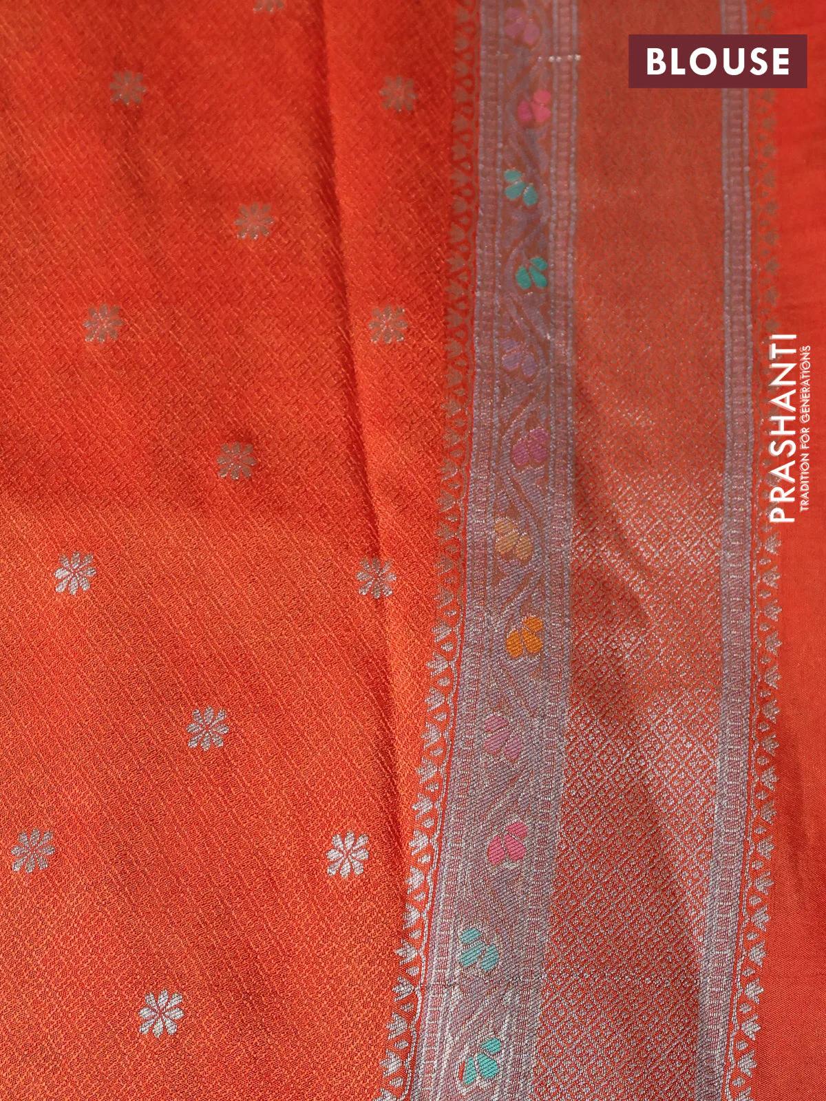 Banarasi tissue silk saree rustic orange with allover thread woven floral weaves and silver zari woven border - Image 4