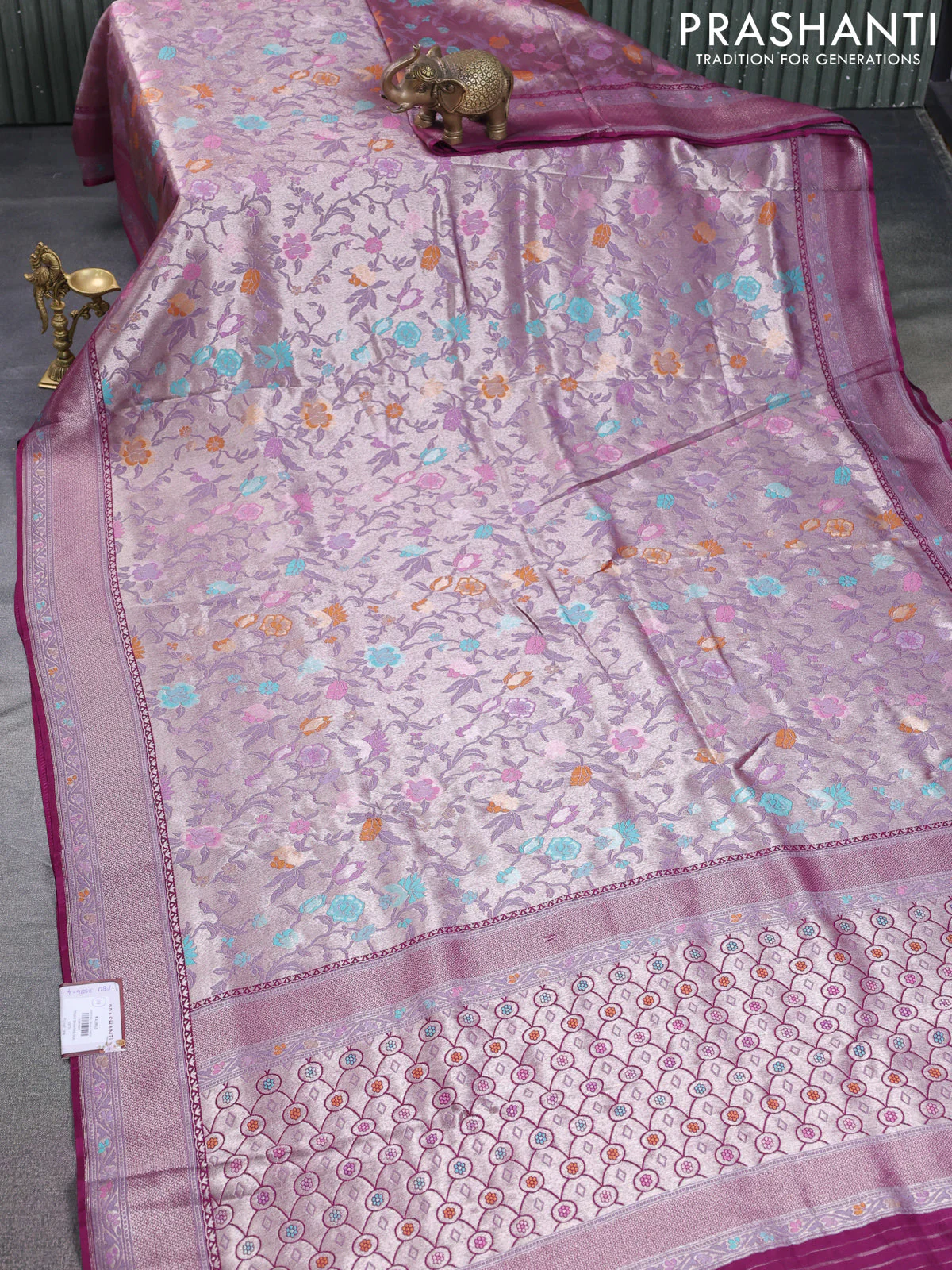 Banarasi tissue silk saree wine shade with allover thread woven floral weaves and silver zari woven border - Image 2