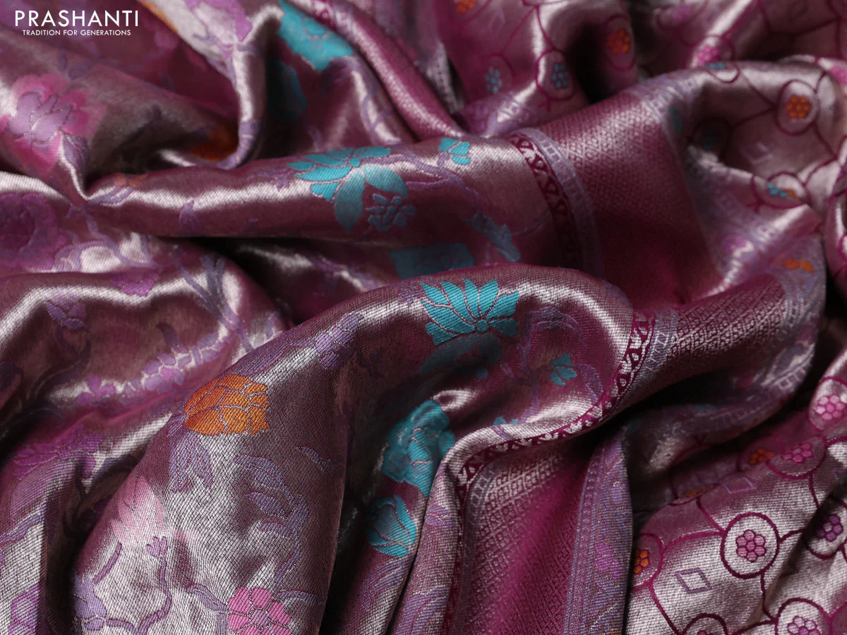 Banarasi tissue silk saree wine shade with allover thread woven floral weaves and silver zari woven border - Image 3