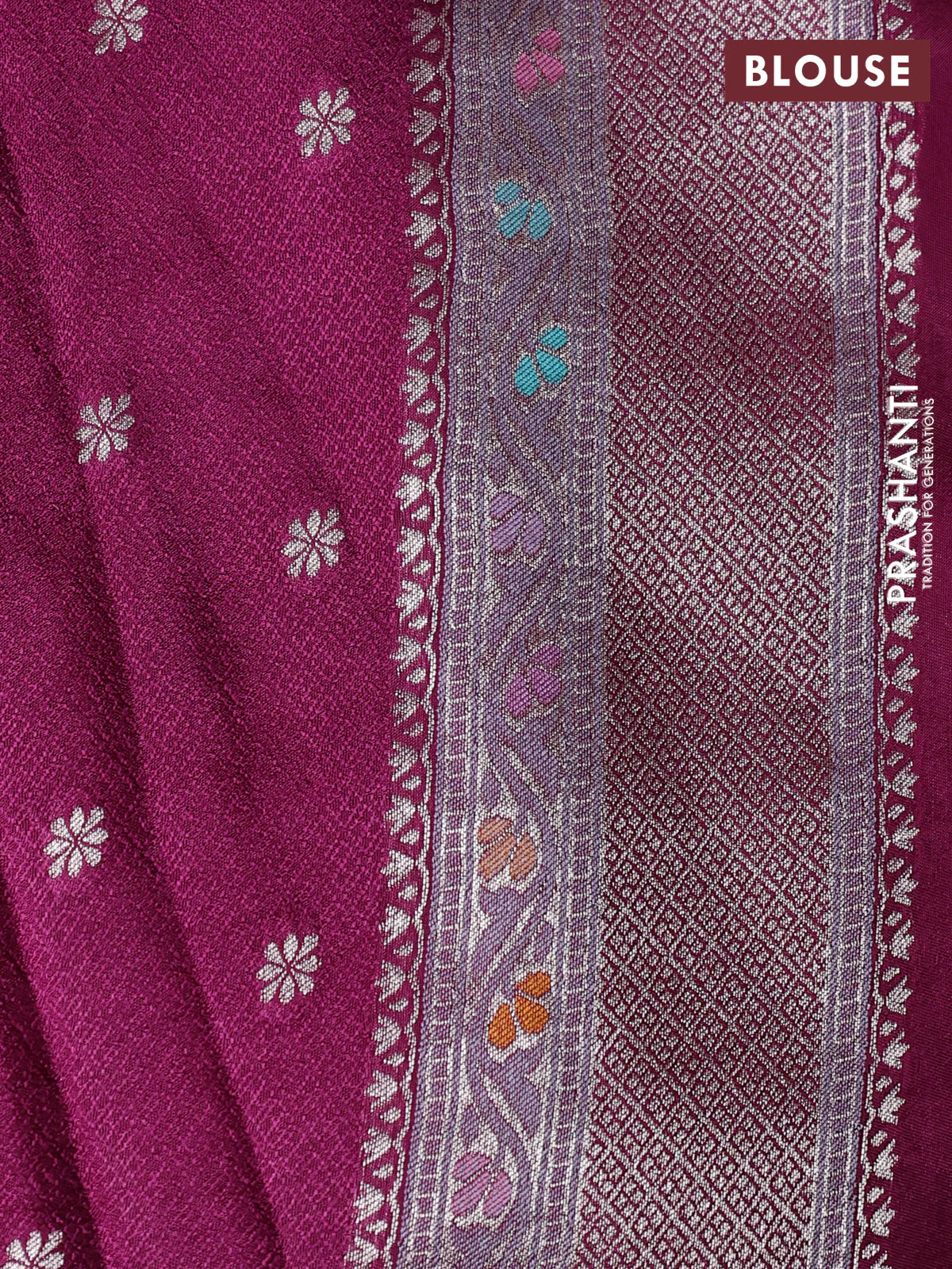 Banarasi tissue silk saree wine shade with allover thread woven floral weaves and silver zari woven border - Image 4