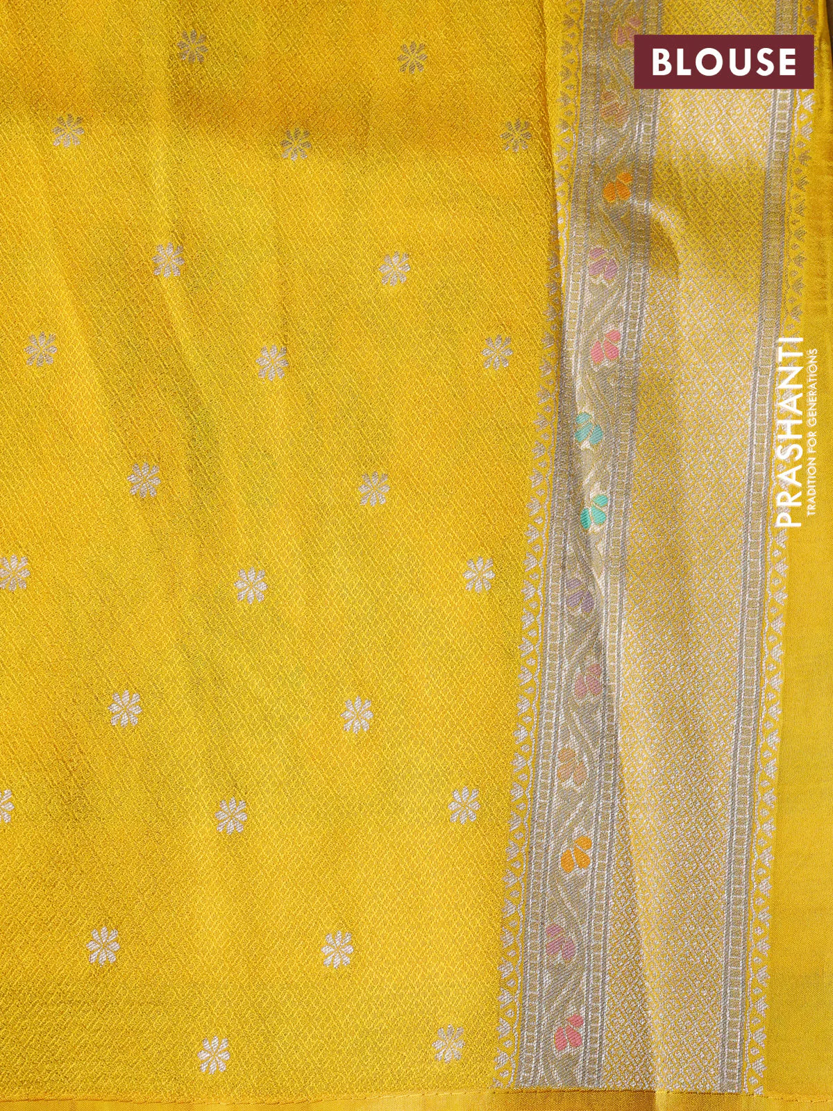 Banarasi tissue silk saree yellow with allover thread woven floral weaves and silver zari woven border - Image 4