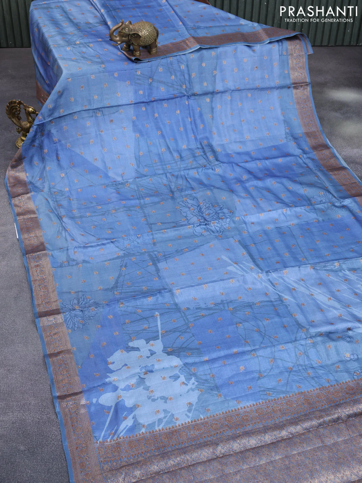 Banarasi tussar silk saree blue shade with woven buttas & allover prints and woven border - Image 2