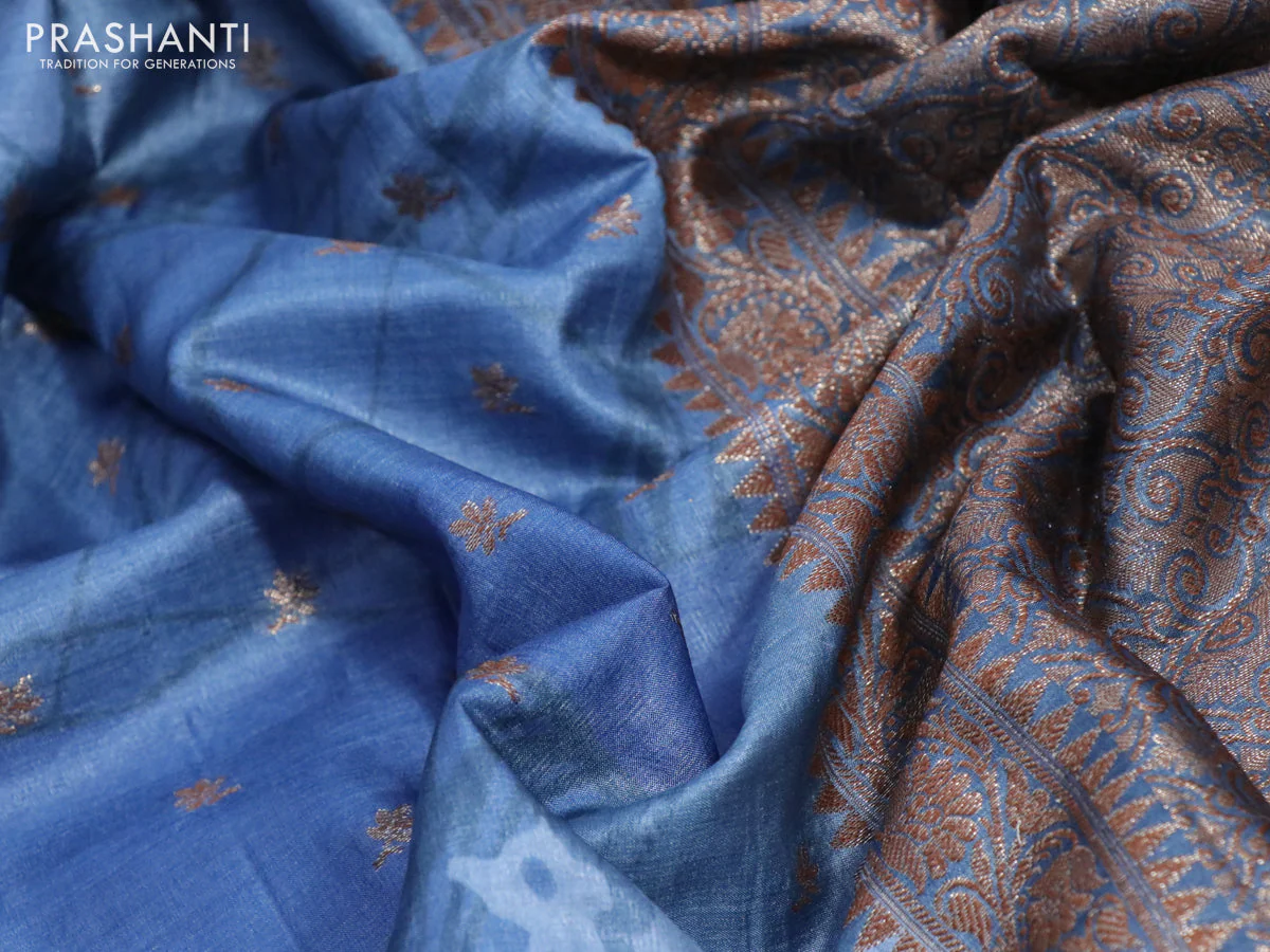 Banarasi tussar silk saree blue shade with woven buttas & allover prints and woven border - Image 3