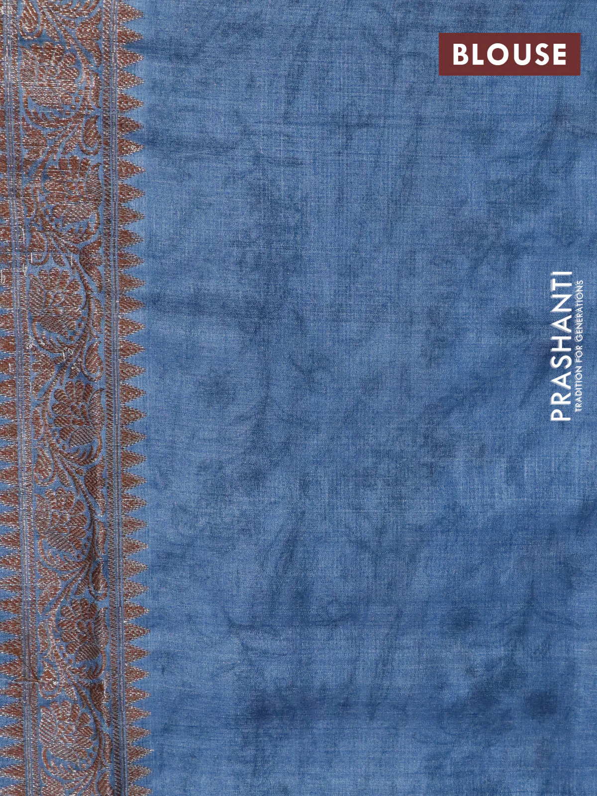 Banarasi tussar silk saree blue shade with woven buttas & allover prints and woven border - Image 4