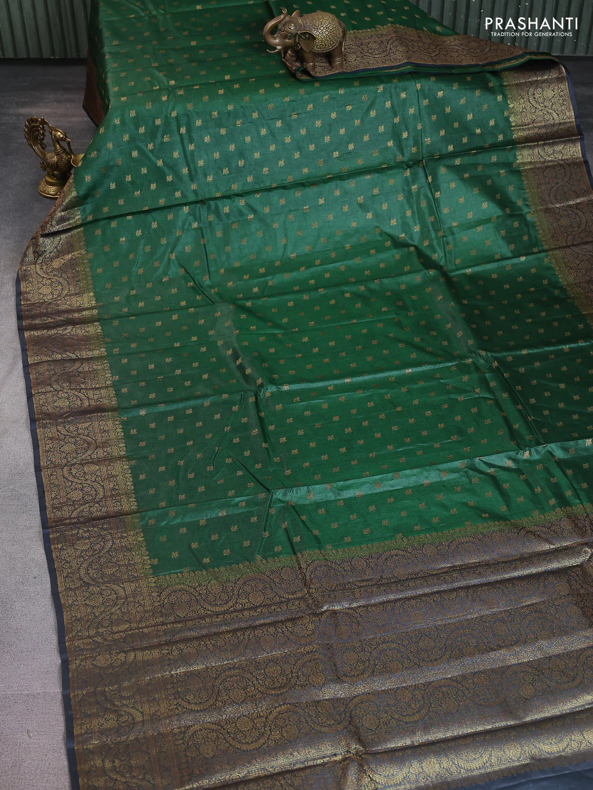 Banarasi tussar silk saree bottle green and grey with allover thread & zari woven buttas and woven border - Image 2
