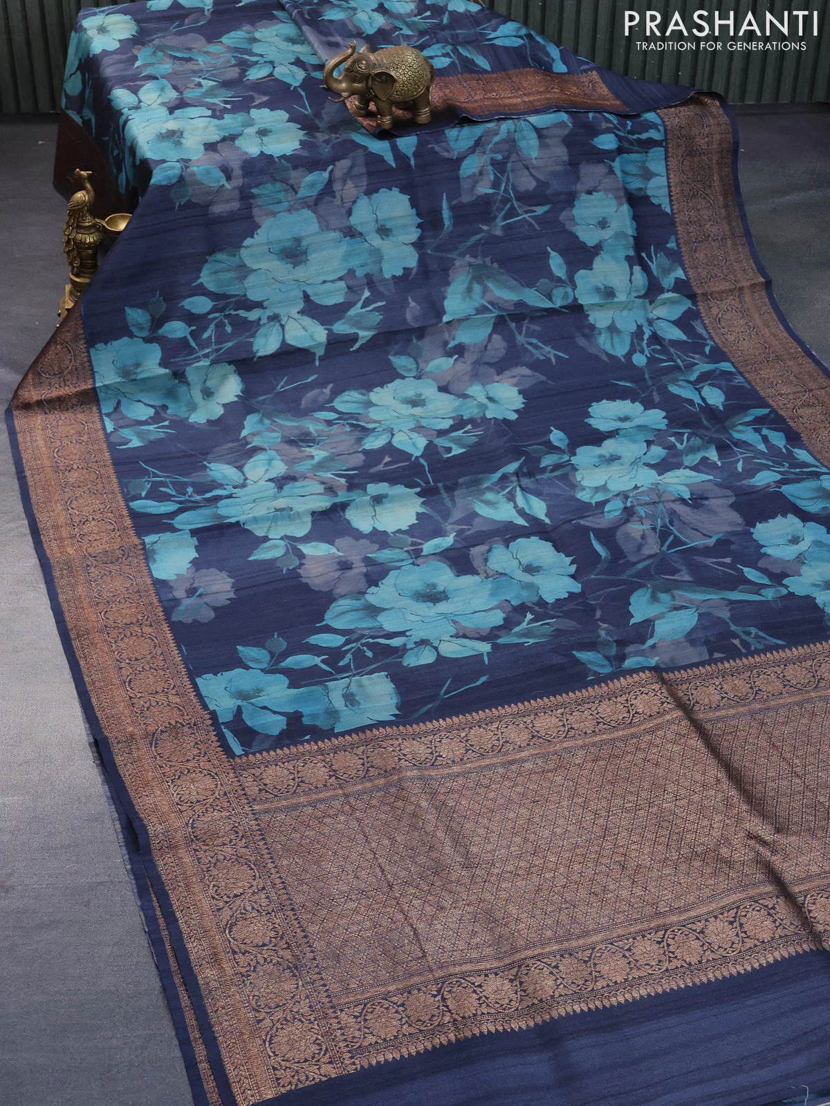 Banarasi tussar silk saree dark grey with allover floral digital prints and banarasi style border - Image 2