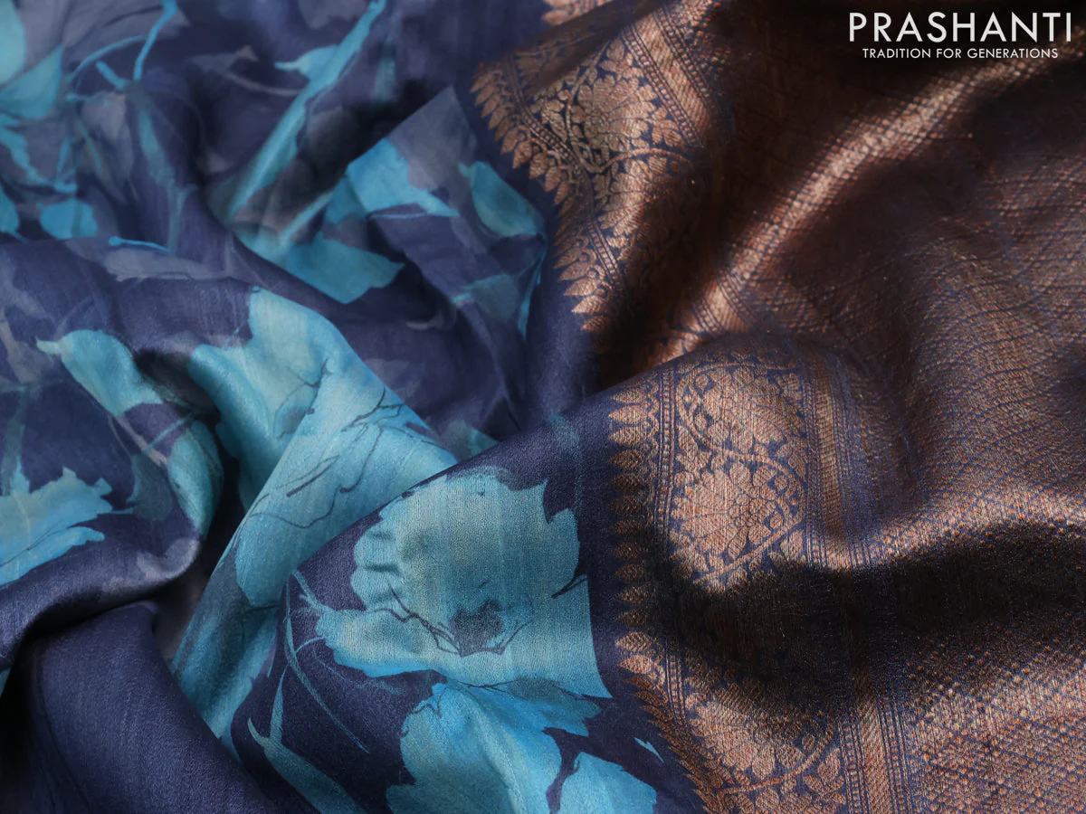 Banarasi tussar silk saree dark grey with allover floral digital prints and banarasi style border - Image 3