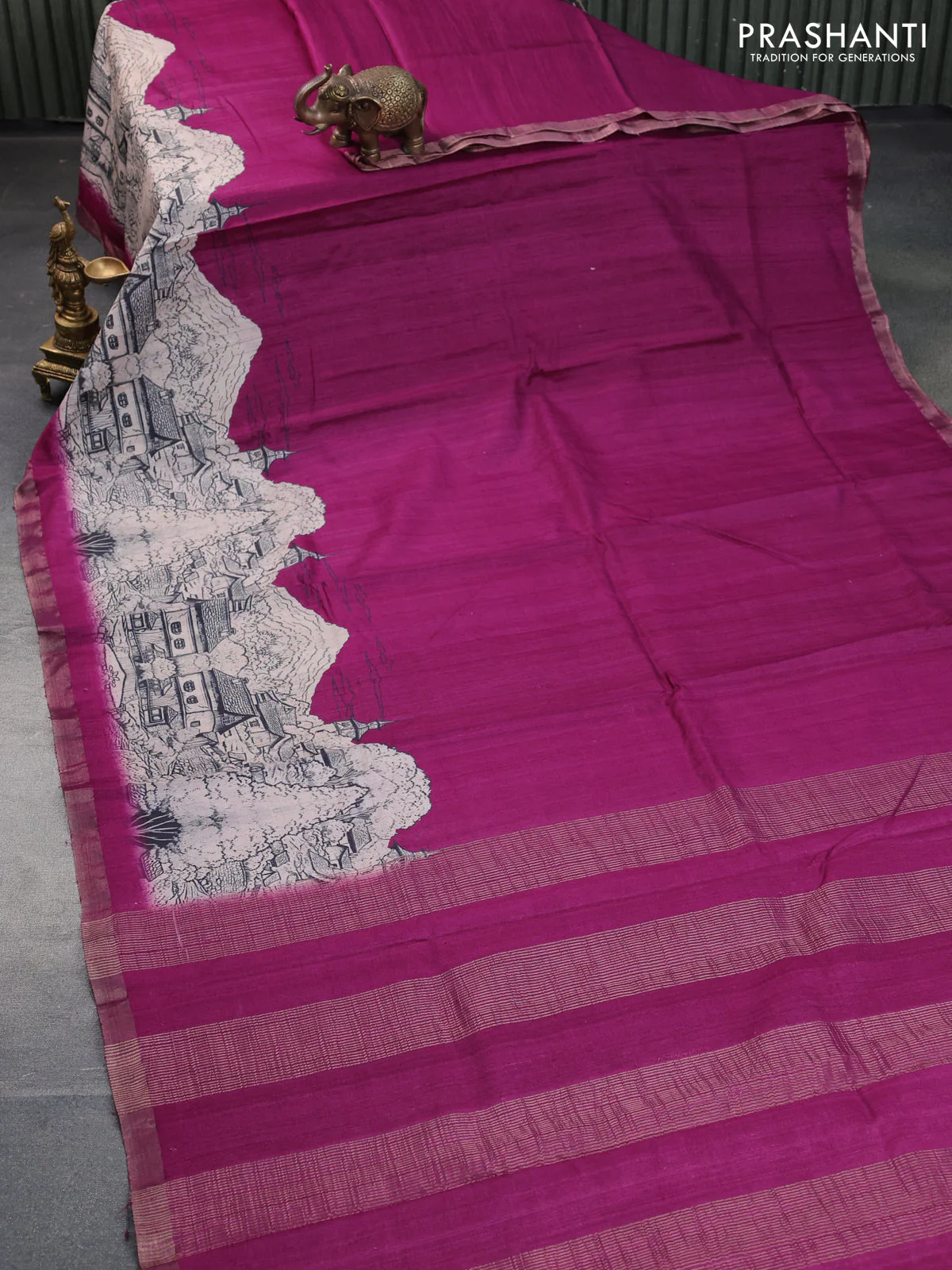 Banarasi tussar silk saree dark magenta pink with plain body and floral deisgn printed zari border - Image 2