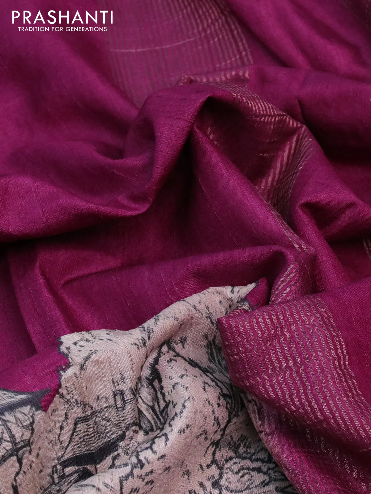Banarasi tussar silk saree dark magenta pink with plain body and floral deisgn printed zari border - Image 3