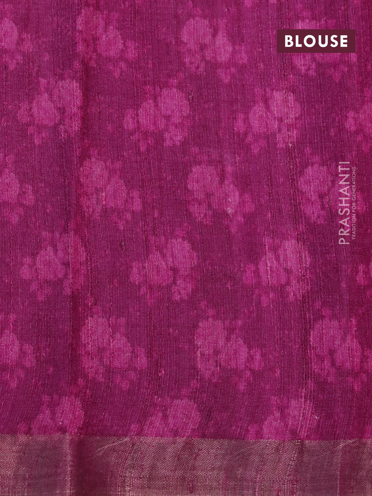 Banarasi tussar silk saree dark magenta pink with plain body and floral deisgn printed zari border - Image 4