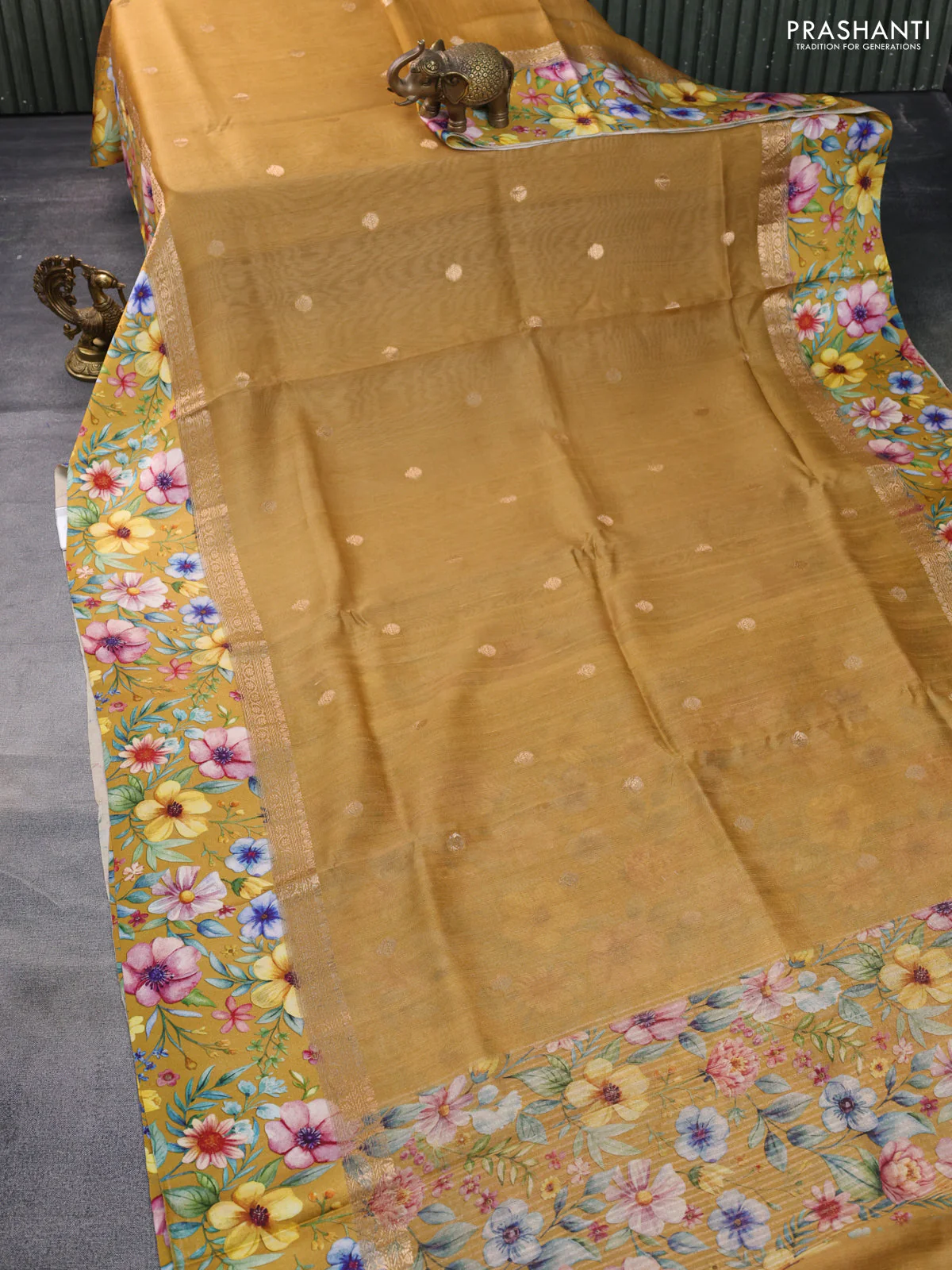 Banarasi tussar silk saree dark mustard and mustard yellow with zari woven buttas and zari woven floral digital printed border - Image 2