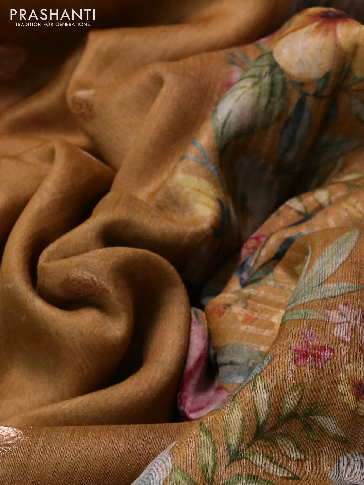 Banarasi tussar silk saree dark mustard and mustard yellow with zari woven buttas and zari woven floral digital printed border - Image 3