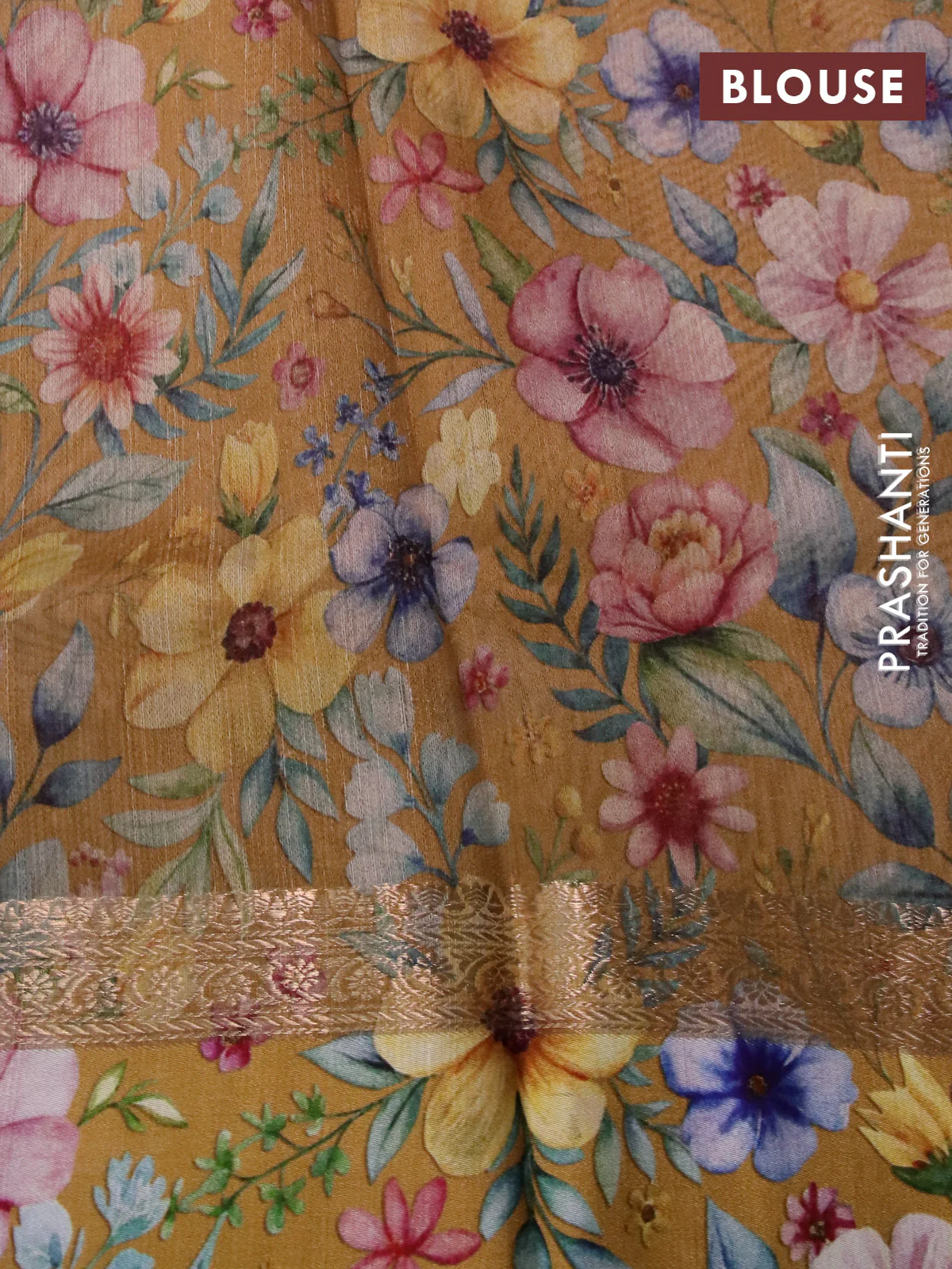 Banarasi tussar silk saree dark mustard and mustard yellow with zari woven buttas and zari woven floral digital printed border - Image 4