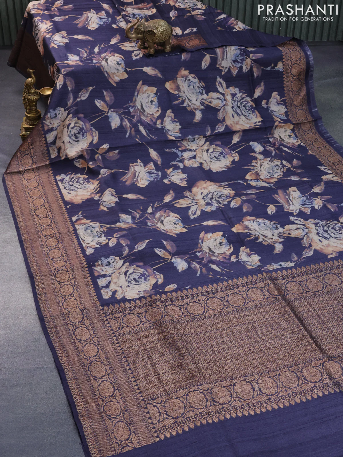 Banarasi tussar silk saree dark navy blue with allover floral digital prints and banarasi style border - Image 2