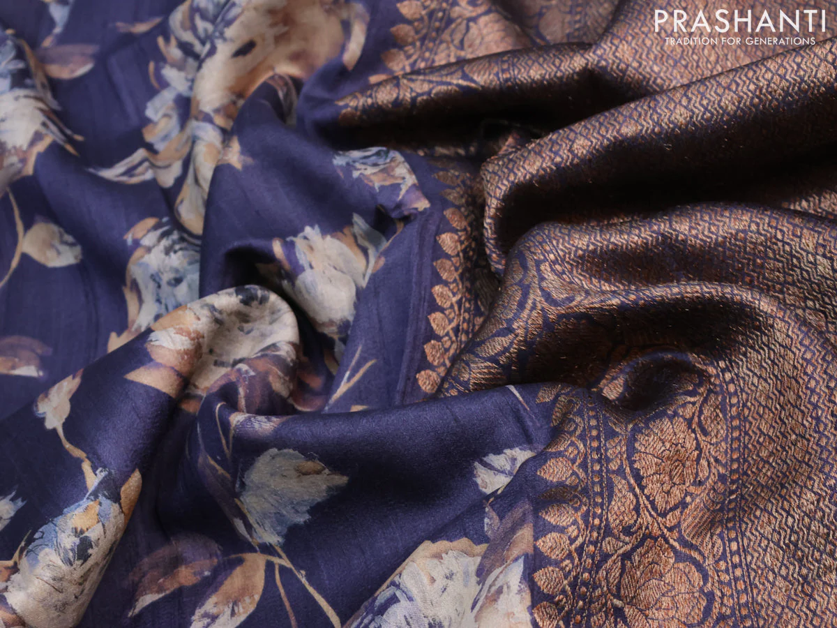 Banarasi tussar silk saree dark navy blue with allover floral digital prints and banarasi style border - Image 3
