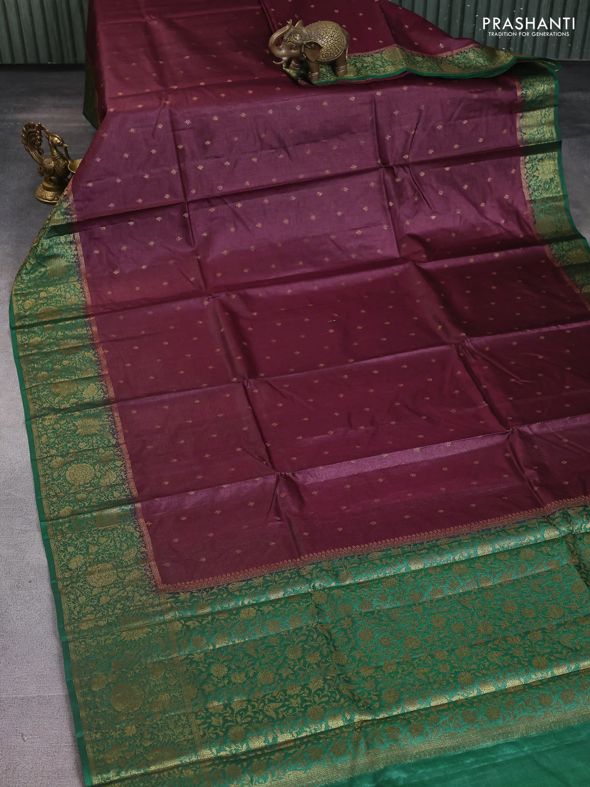Banarasi tussar silk saree deep maroon and green with allover thread & zari woven buttas and woven border - Image 2
