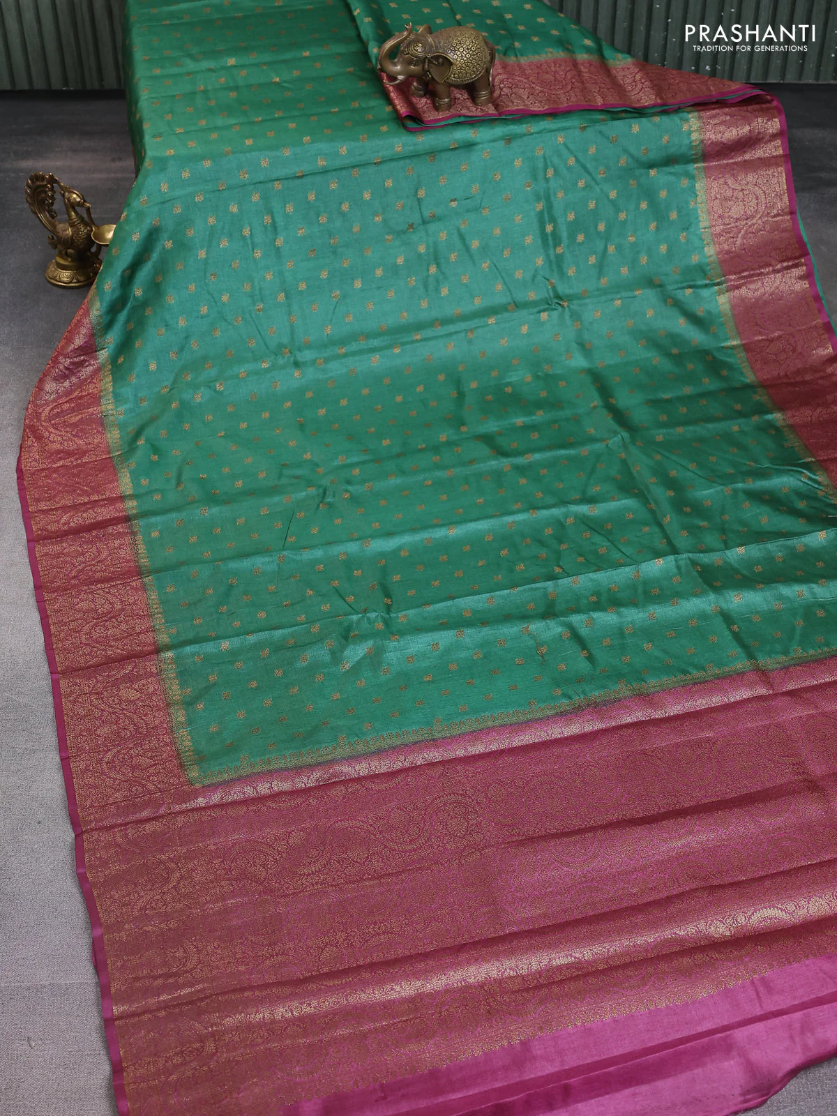 Banarasi tussar silk saree green and wine shade with allover thread & zari woven buttas and woven border - Image 2